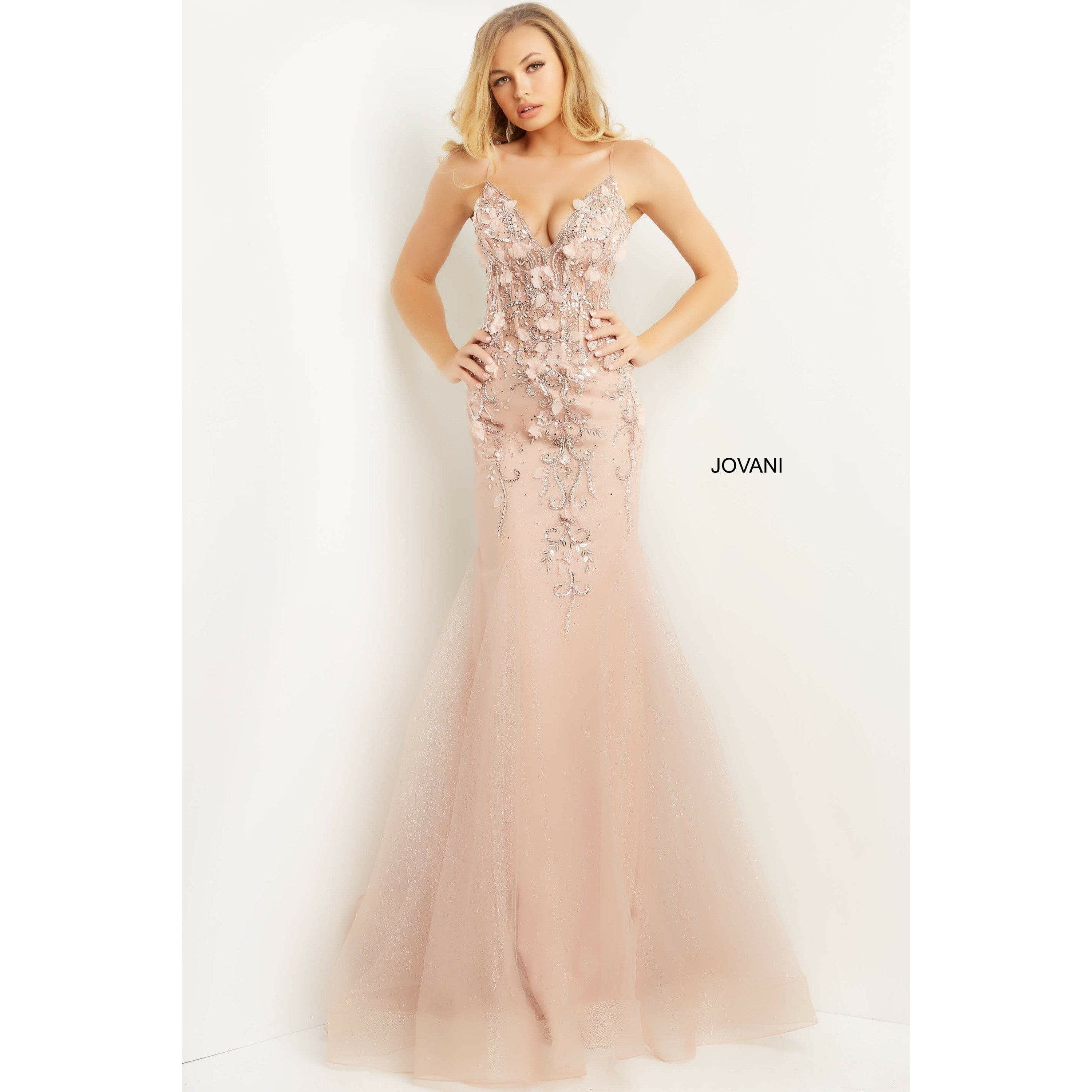 Jovani Prom Dress Jovani Blush Plunging Neck Mermaid Prom Dress 05839