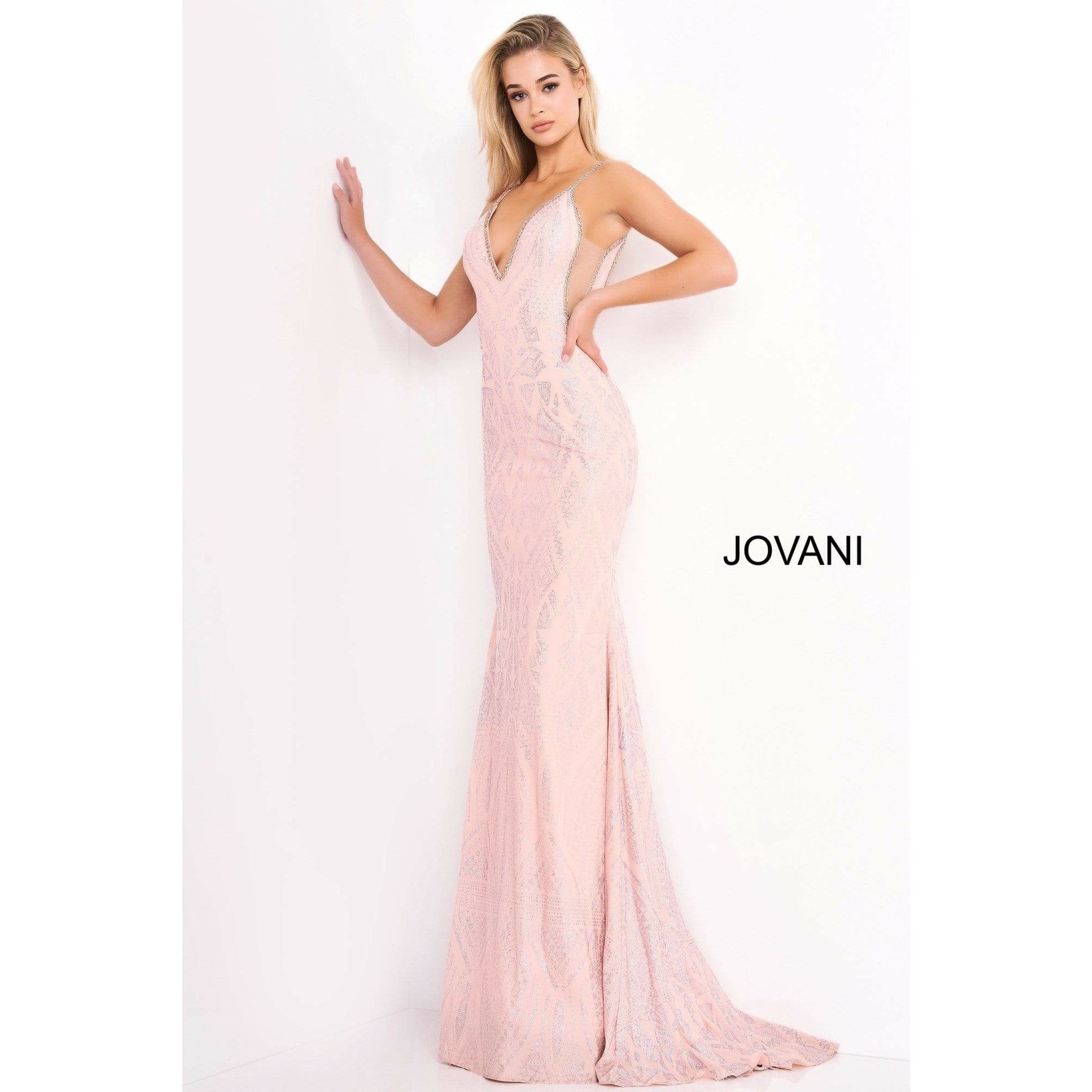 Jovani Prom Dress Jovani Blush Plunging Neckline Fitted Prom Dress 68539