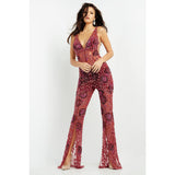 Jovani Prom Dress Jovani Burgundy Beaded Illusion Bodice Evening Jumpsuit 04402