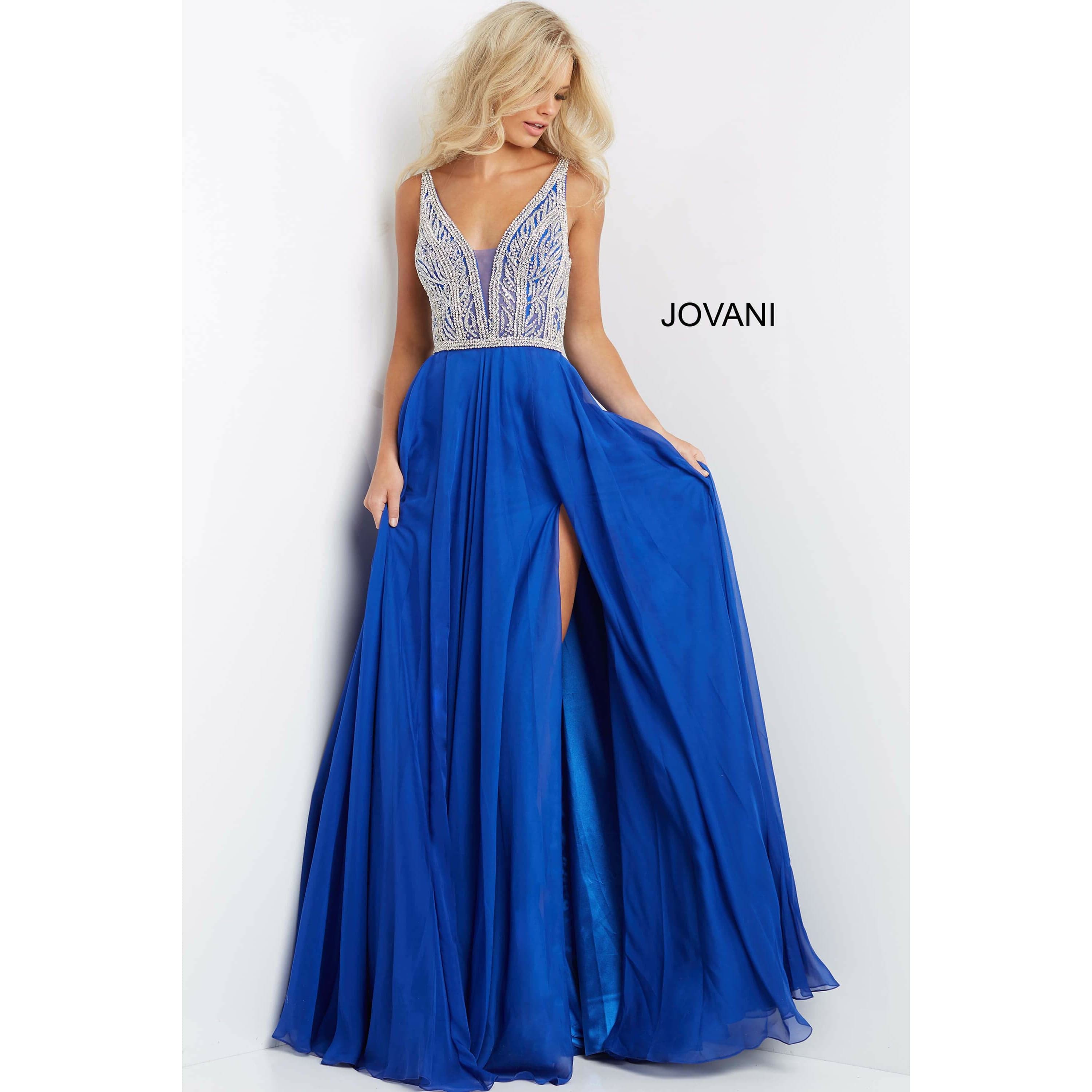 Jovani Prom Dress Jovani Embellished Bodice High Slit Chiffon Prom Dress 07136