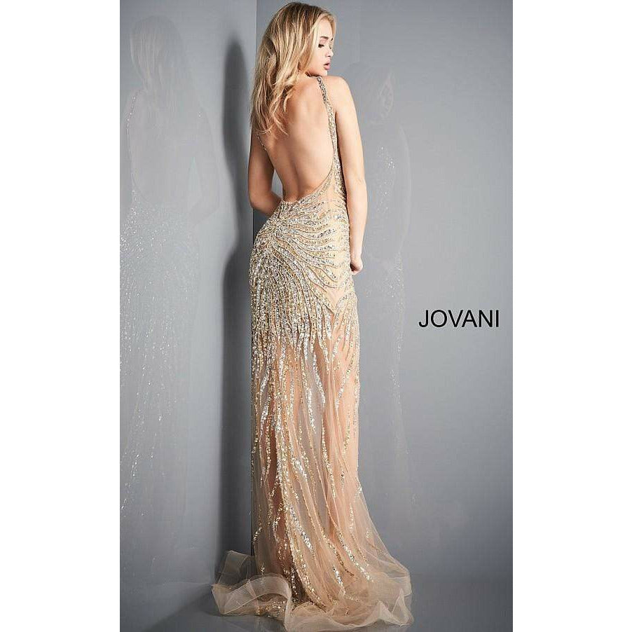 Jovani Prom Dress Jovani  Gold Silver Embellished Plunging Neckline Prom Dress