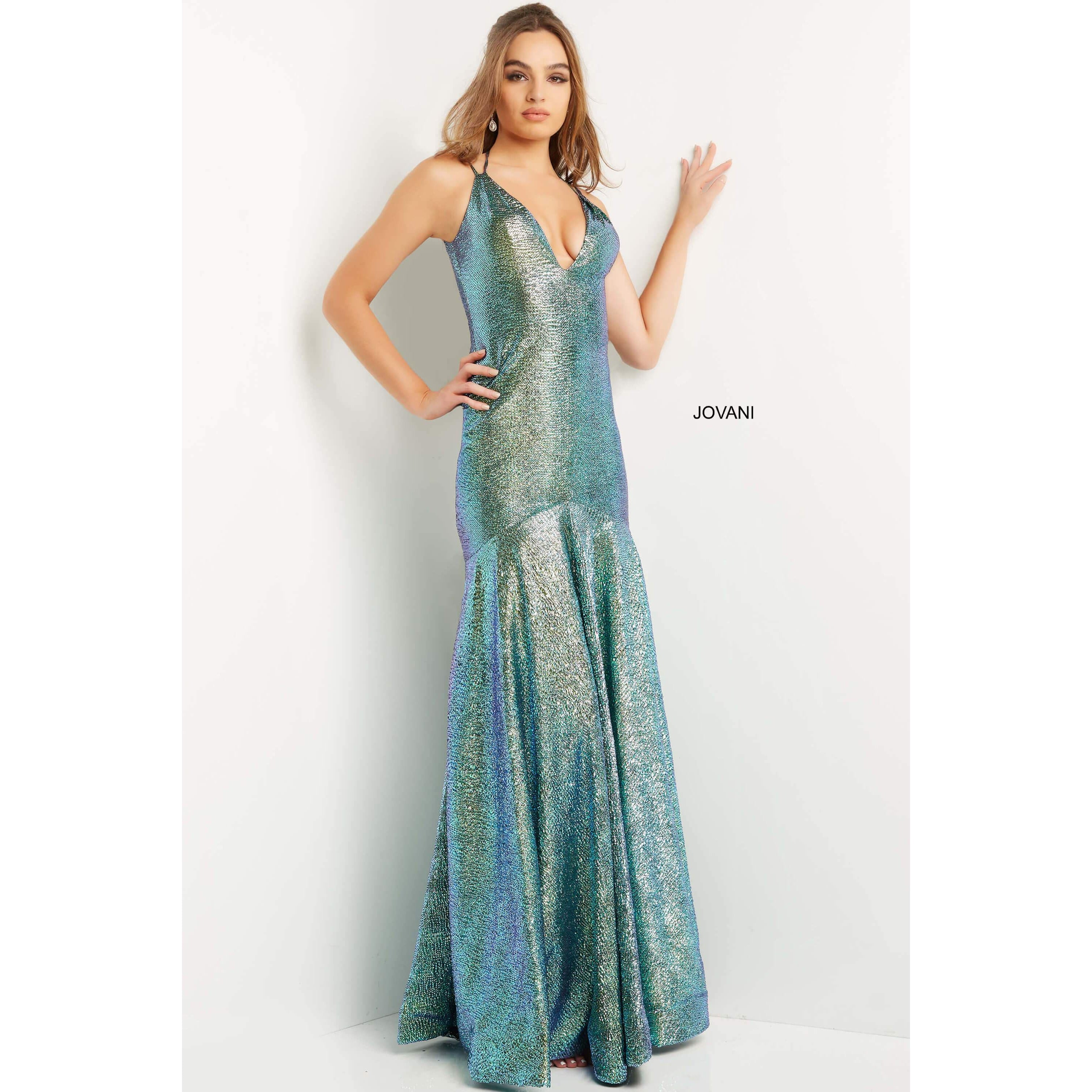 Jovani Prom Dress Jovani Green Iridescent Plunging Neck Prom Dress 08539