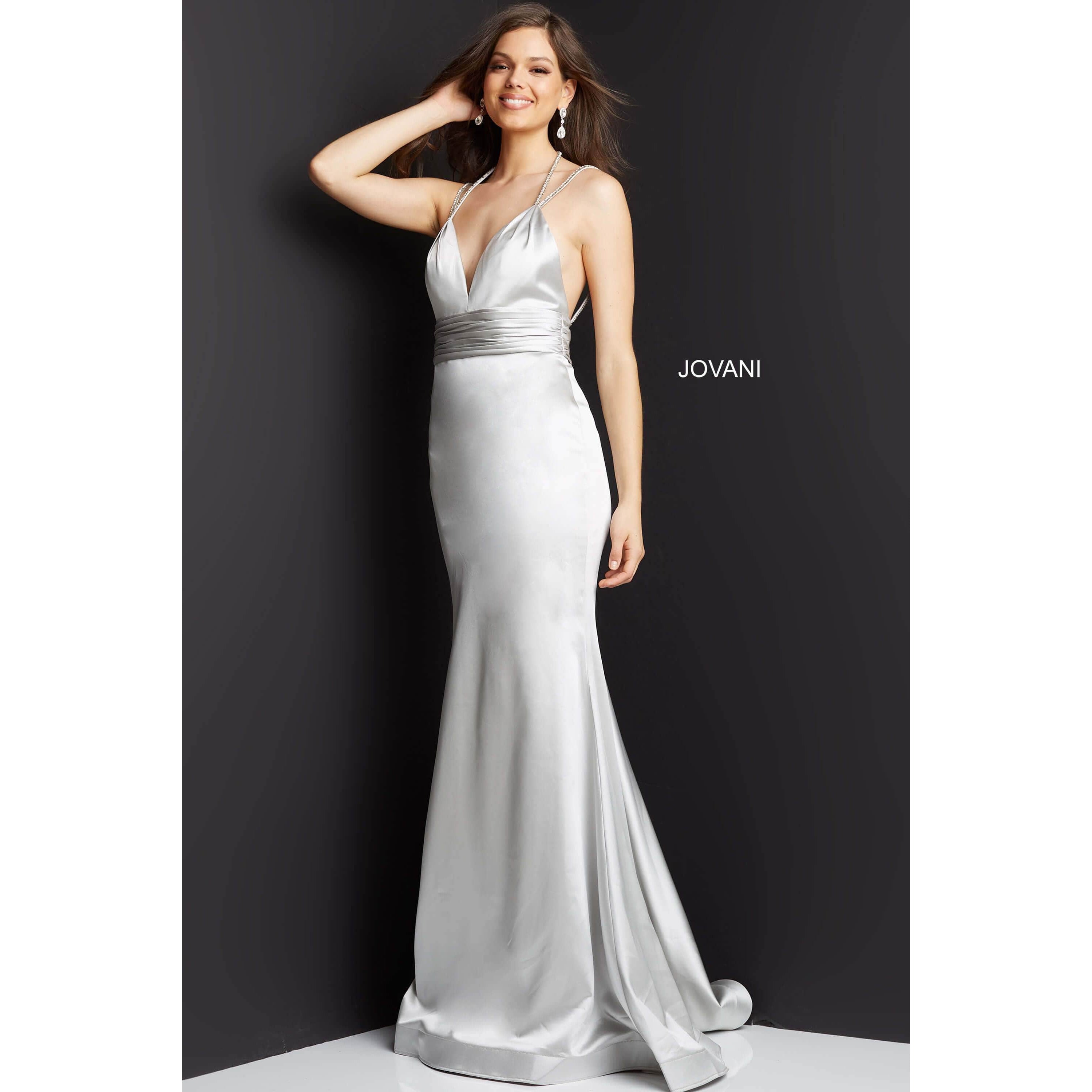 Jovani Prom Dress Jovani Grey Satin Sheath V Neck Prom Dress 3116