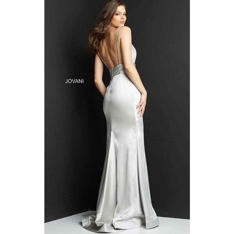 Jovani Prom Dress Jovani Grey Satin Sheath V Neck Prom Dress 3116