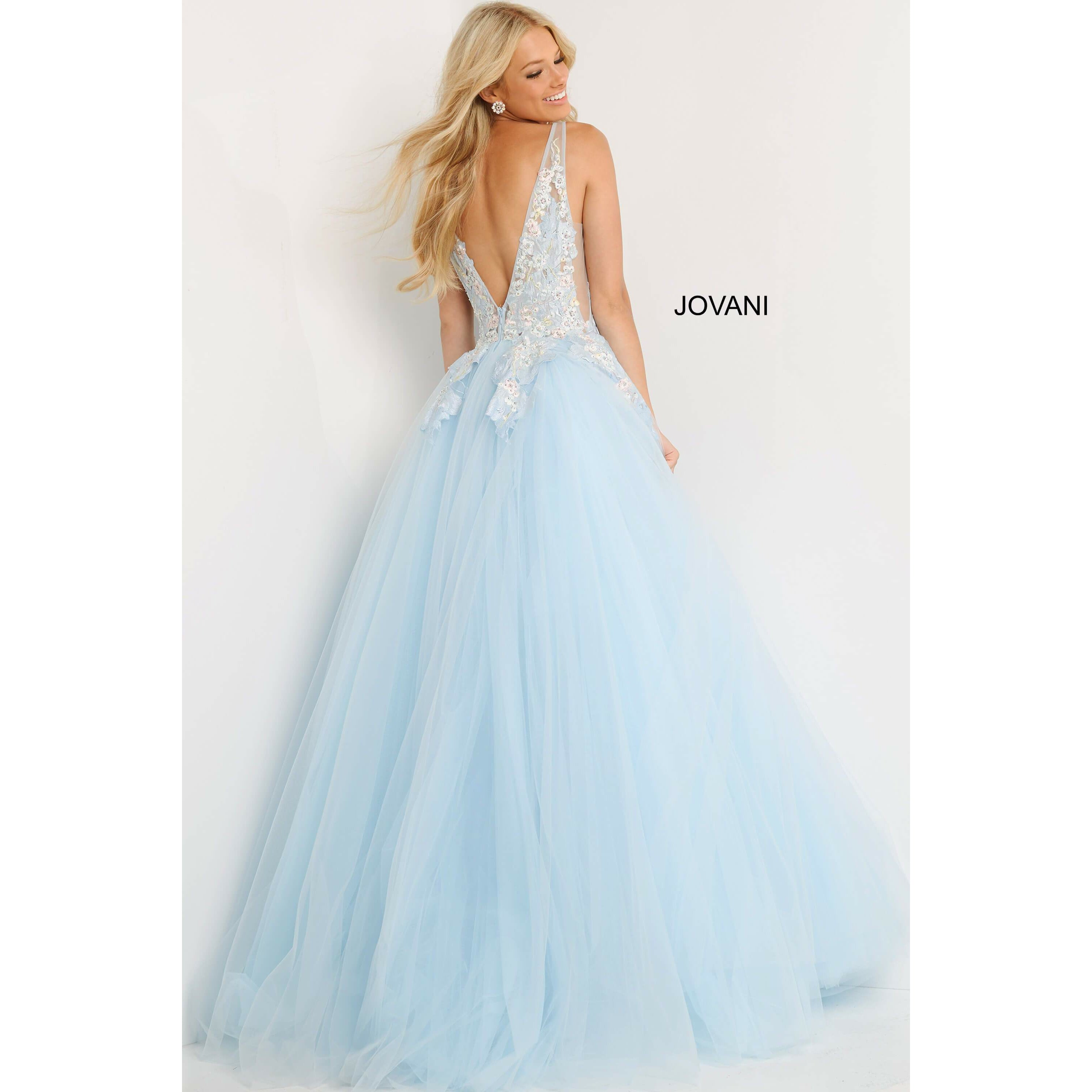 Jovani Prom Dress Jovani Light Blue Deep V Neck Floral Prom Ballgown 06808