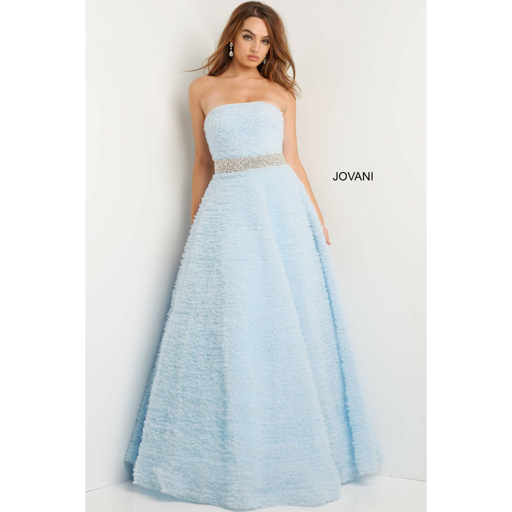 Jovani Prom Dress Jovani Light Blue Embellished Belt A Line Prom Gown 07145