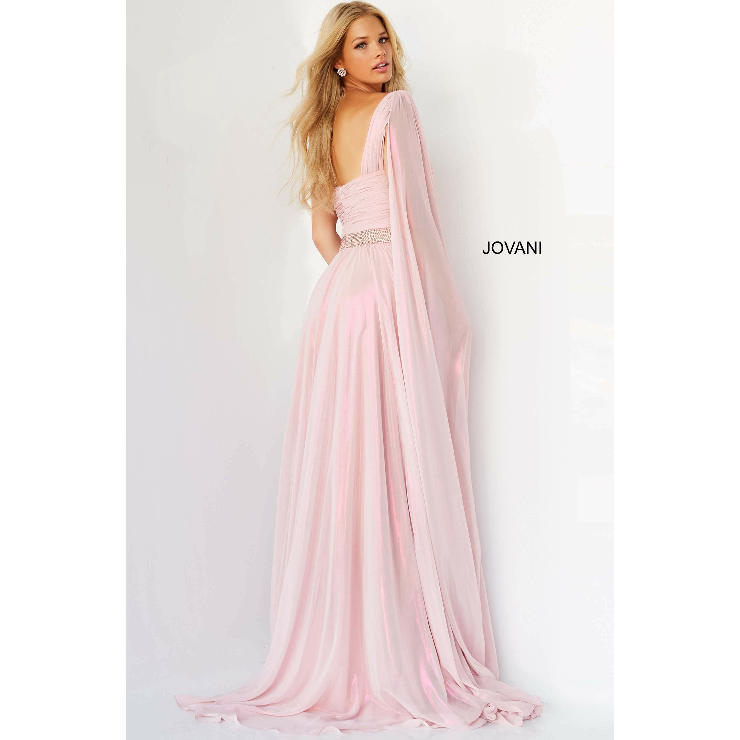 Jovani Prom Dress Jovani Light Pink Embellished Belt One Shoulder Prom Dress 07248