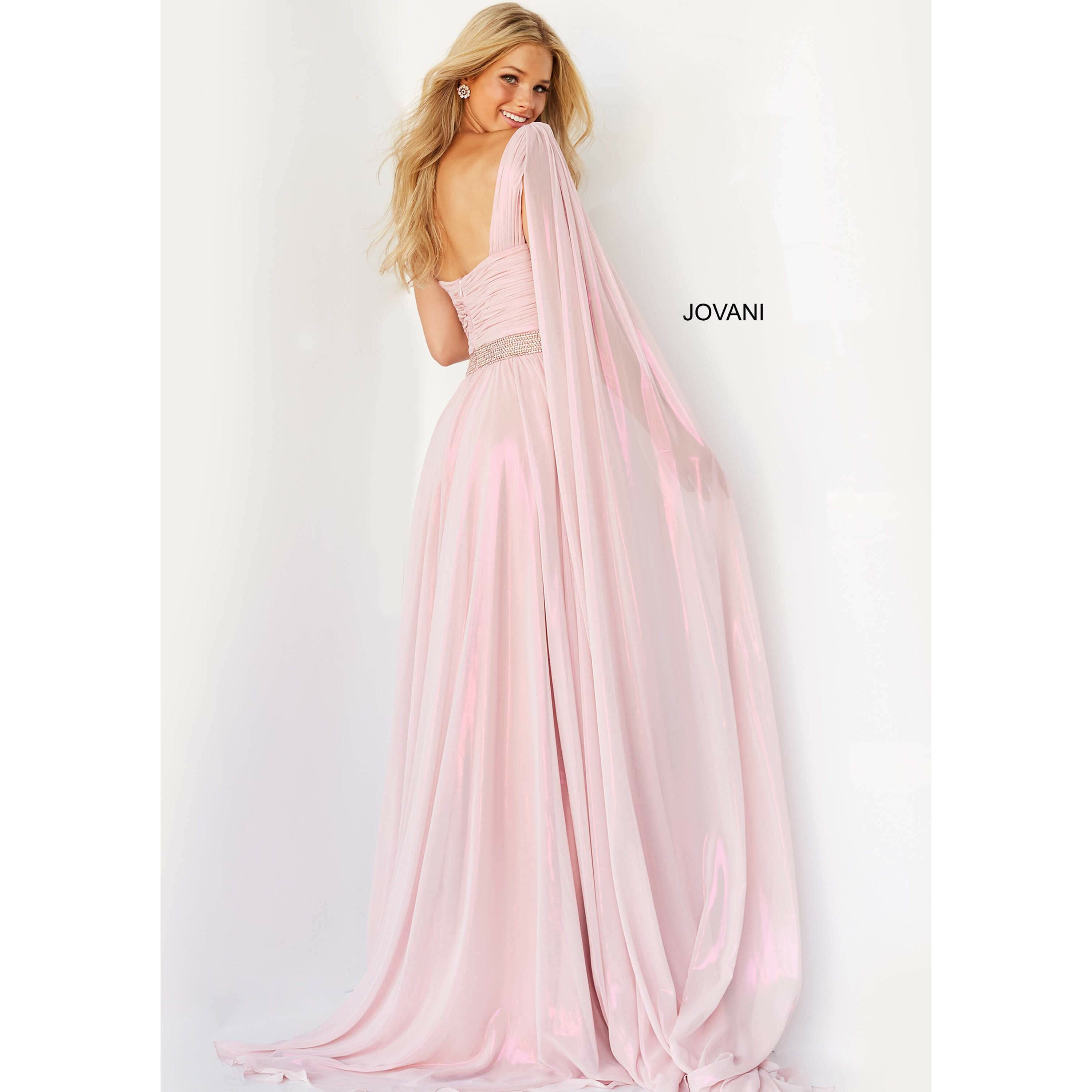 Jovani Prom Dress Jovani Light Pink Embellished Belt One Shoulder Prom Dress 07248