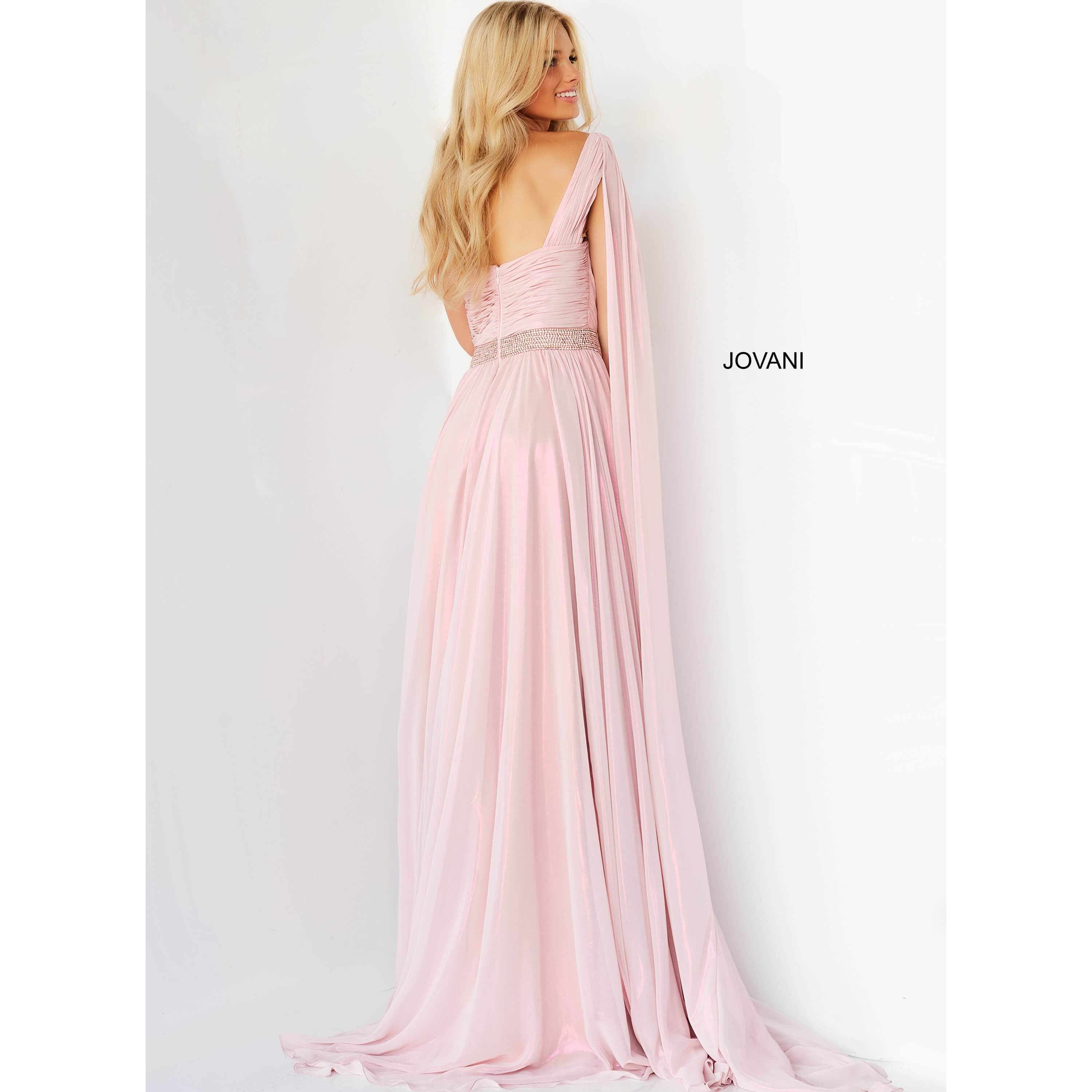 Jovani Prom Dress Jovani Light Pink Embellished Belt One Shoulder Prom Dress 07248