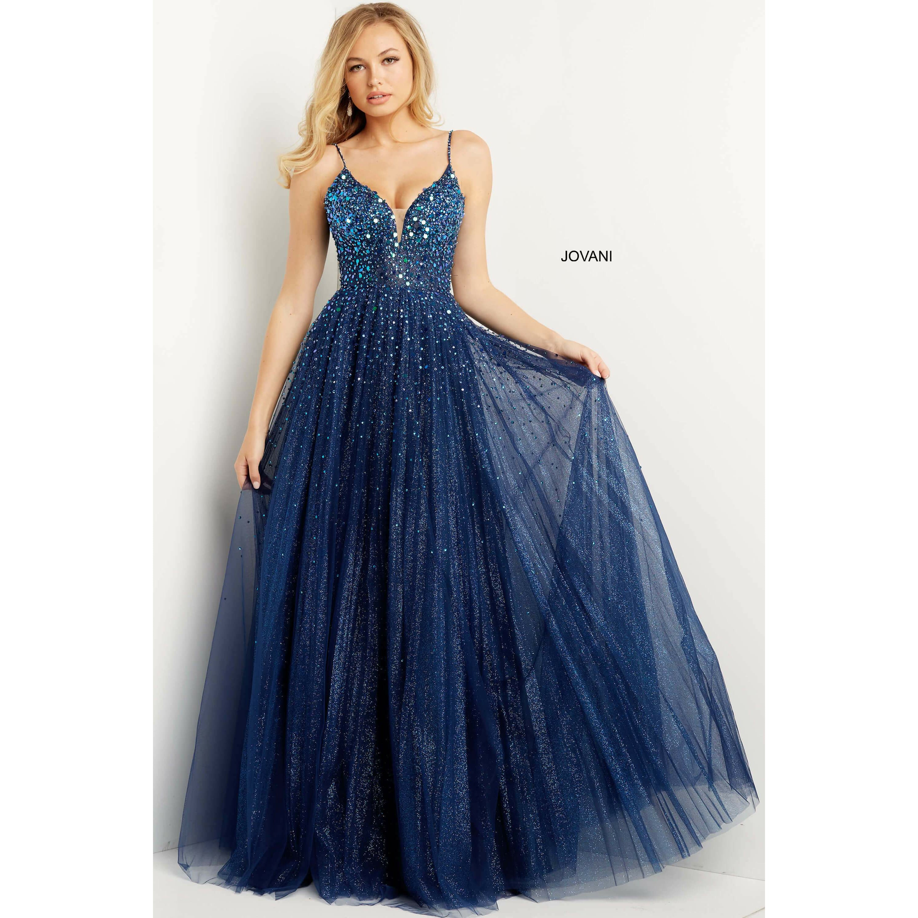 Jovani Prom Dress Jovani Navy Spaghetti Straps Embellished Prom Ballgown 08408