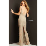 Jovani Prom Dress Jovani Nude Silver Beaded Sheer Prom Dress 05997