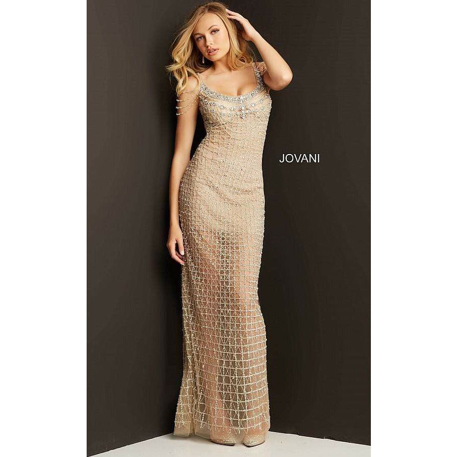 Jovani Prom Dress Jovani Nude Silver Beaded Sheer Prom Dress 05997