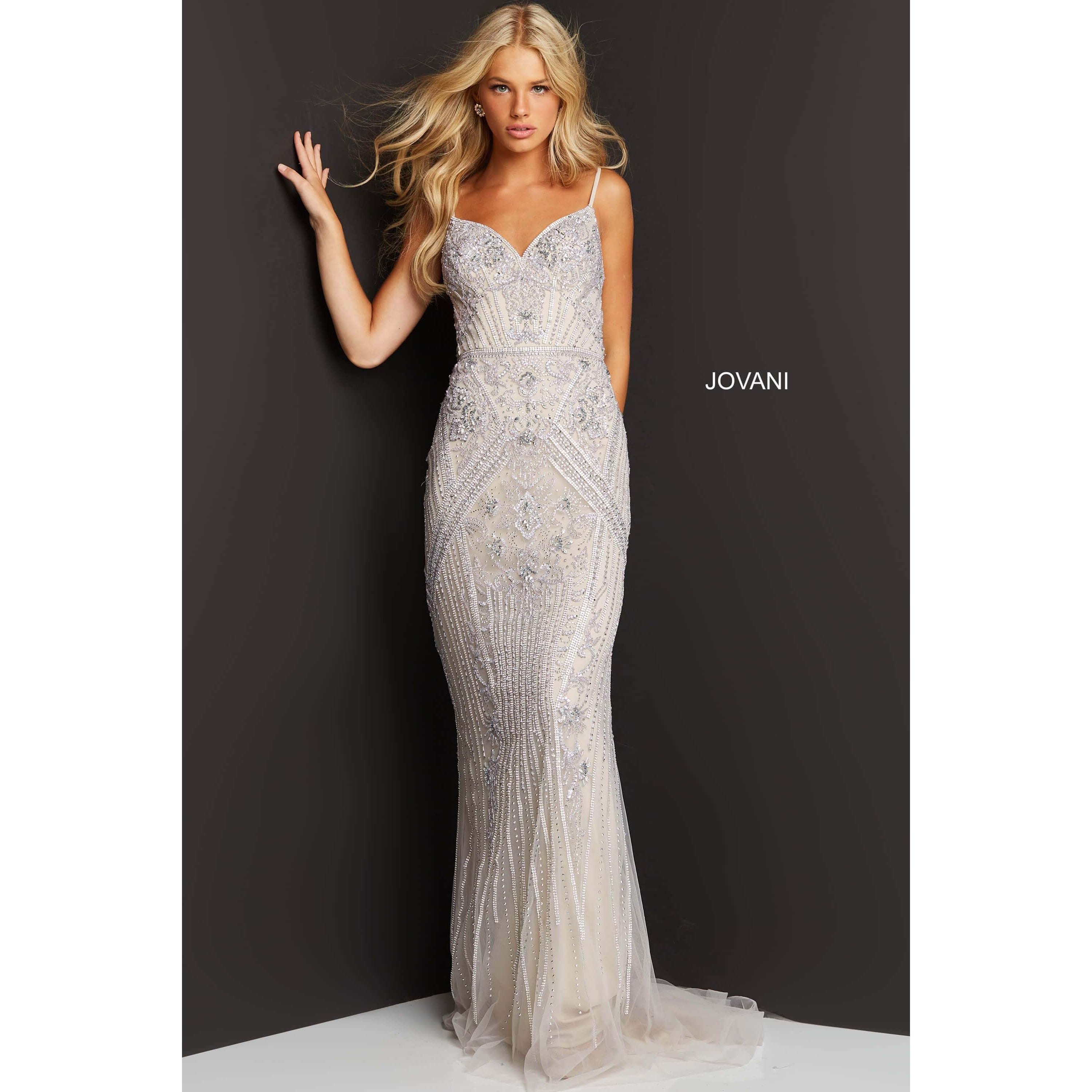 Jovani Prom Dress Jovani Nude Spaghetti Strap Embellished Prom Dress 06678