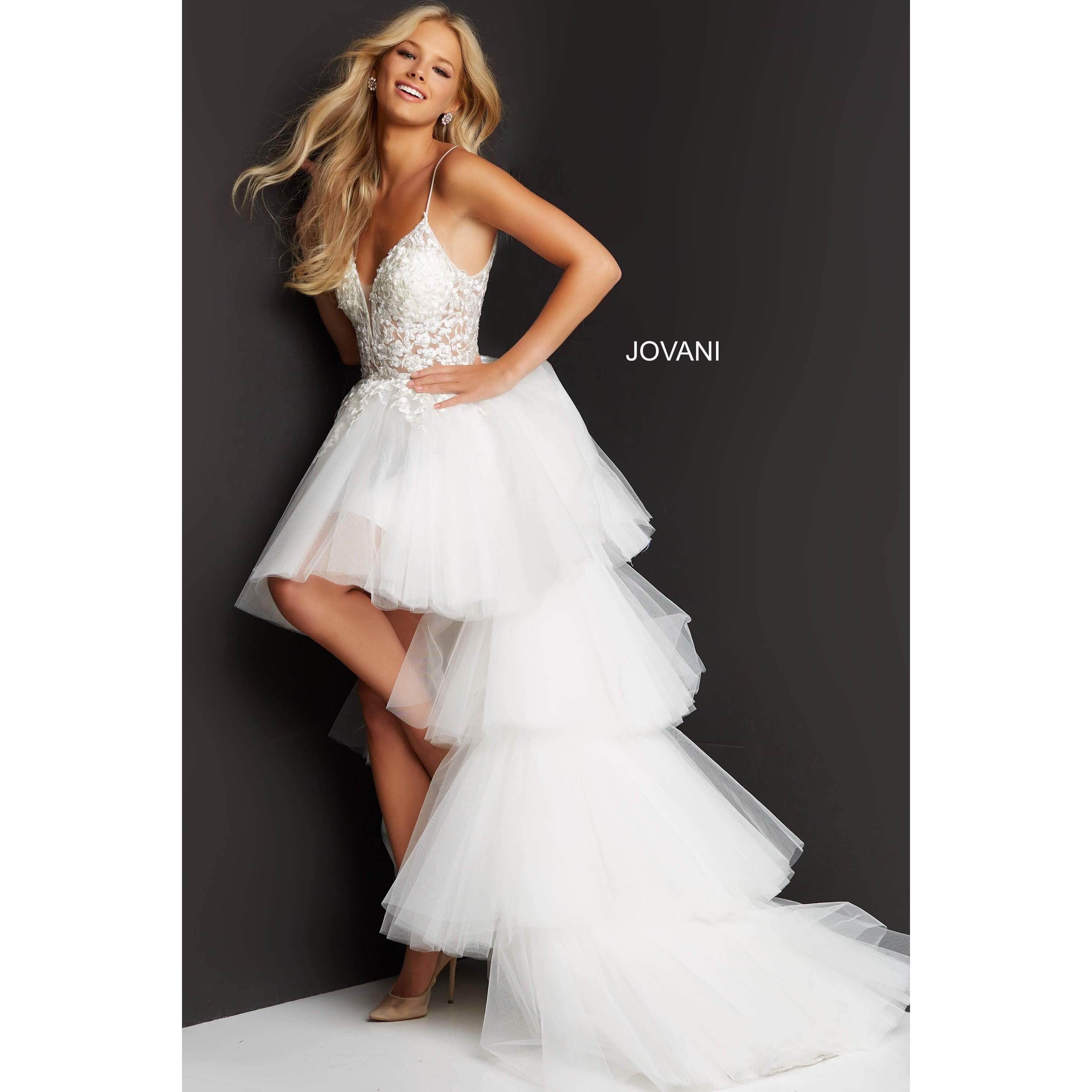 Jovani Prom Dress Jovani Off White Embroidered High Low Prom Dress 07263