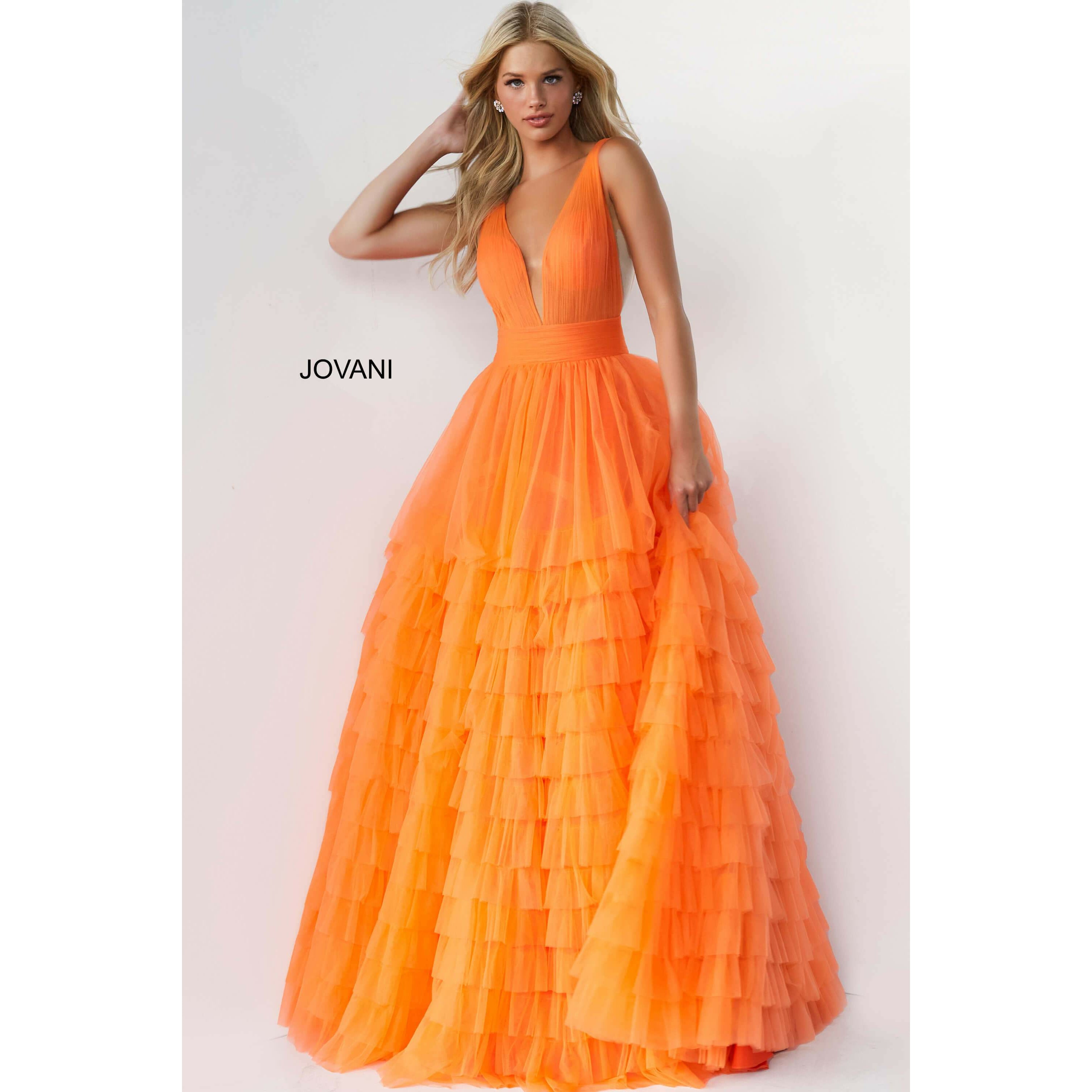 Jovani Orange Tulle Layered Skirt Prom Ballgown 07264