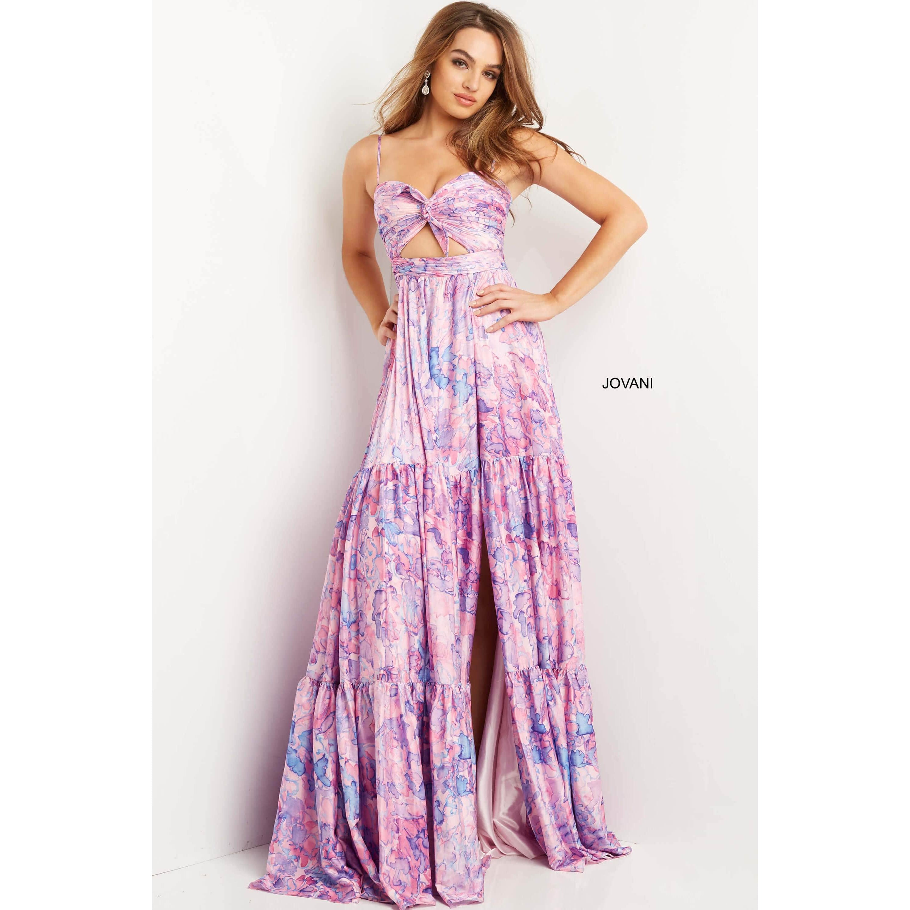 Jovani Prom Dress Jovani Pink Multi Print Spaghetti Strap Prom Dress 08369