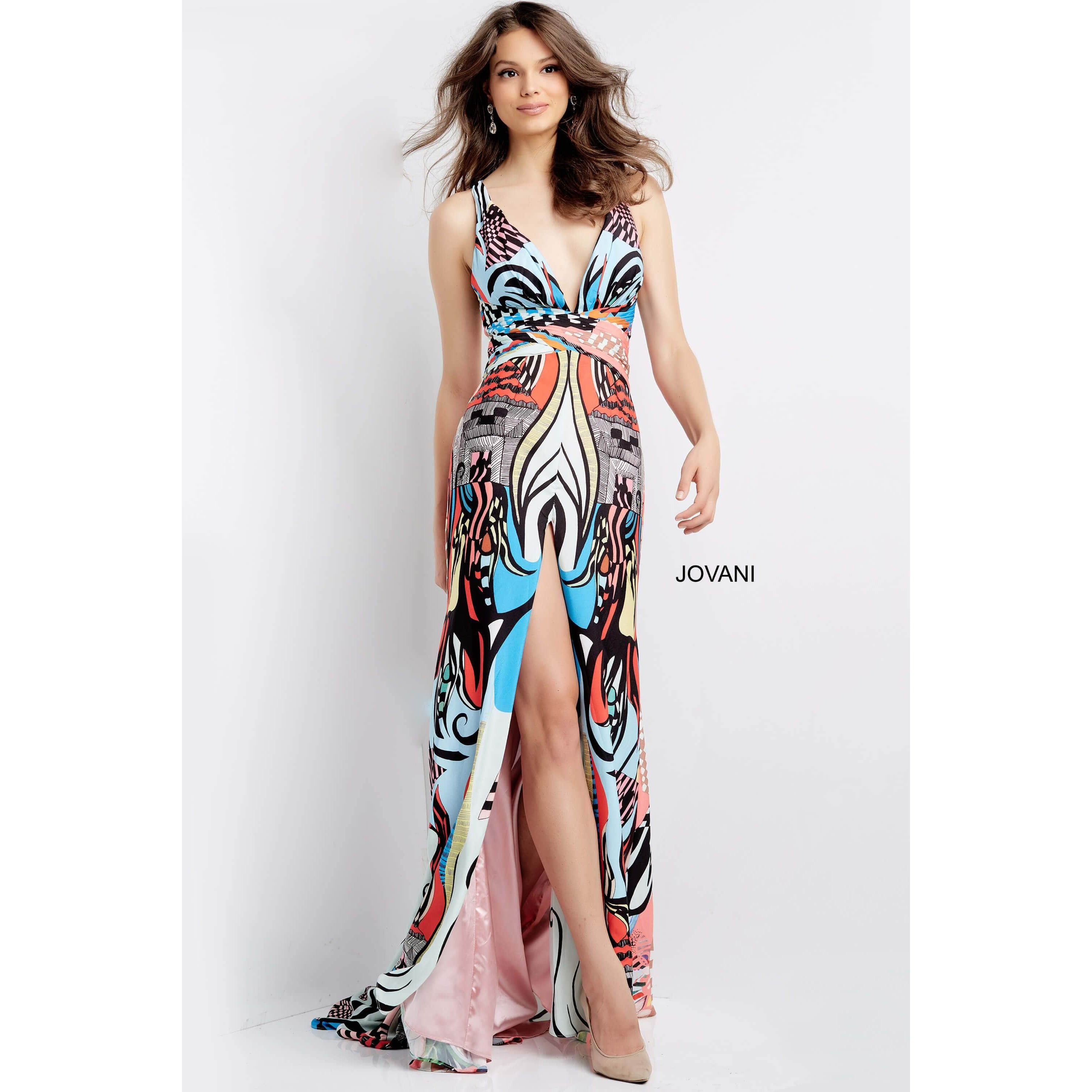 Jovani Prom Dress Jovani Print Plunging Neck Prom Dress 04986