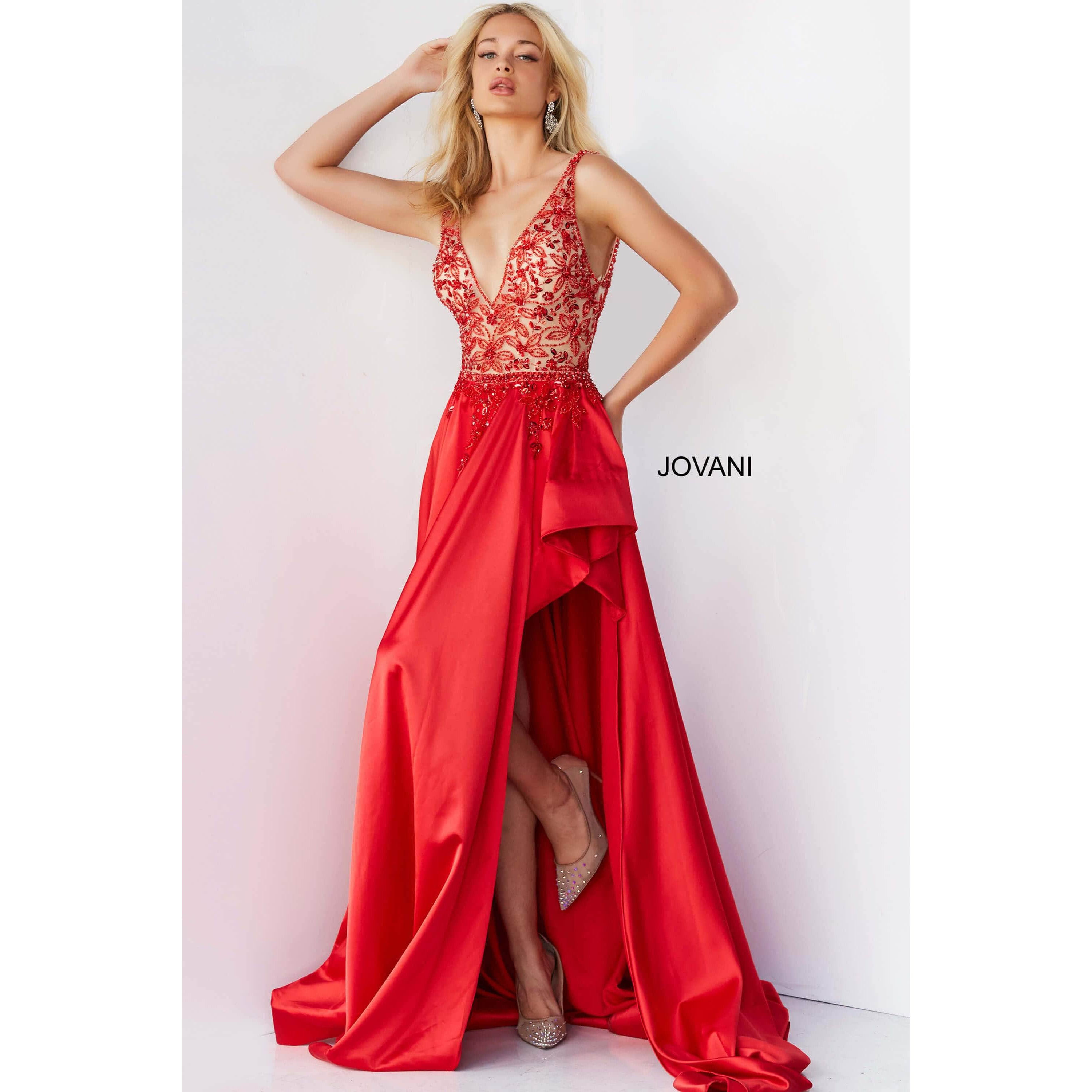 Jovani Prom Dress Jovani Red Embellished Bodice Satin Prom Gown 07415