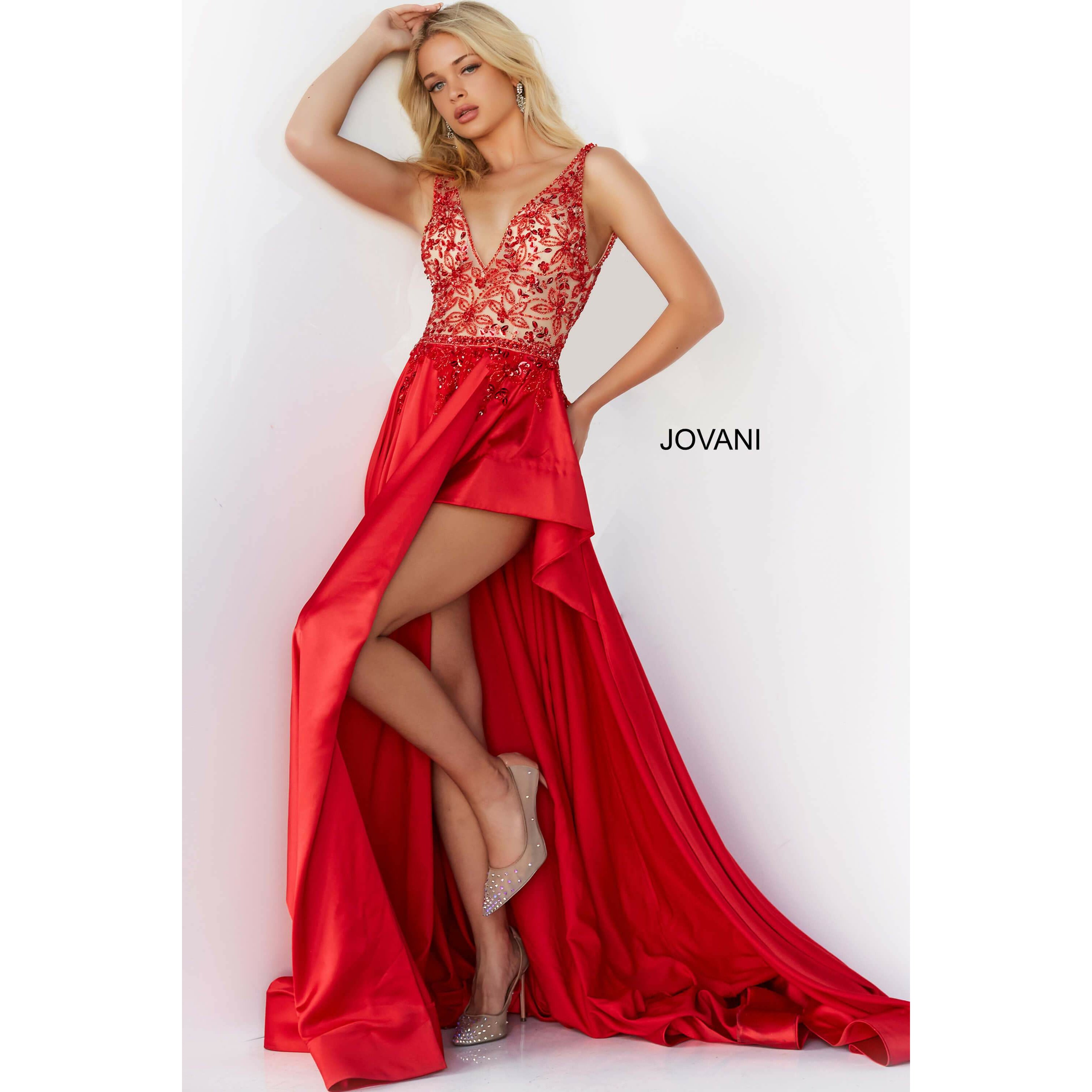 Jovani Prom Dress Jovani Red Embellished Bodice Satin Prom Gown 07415