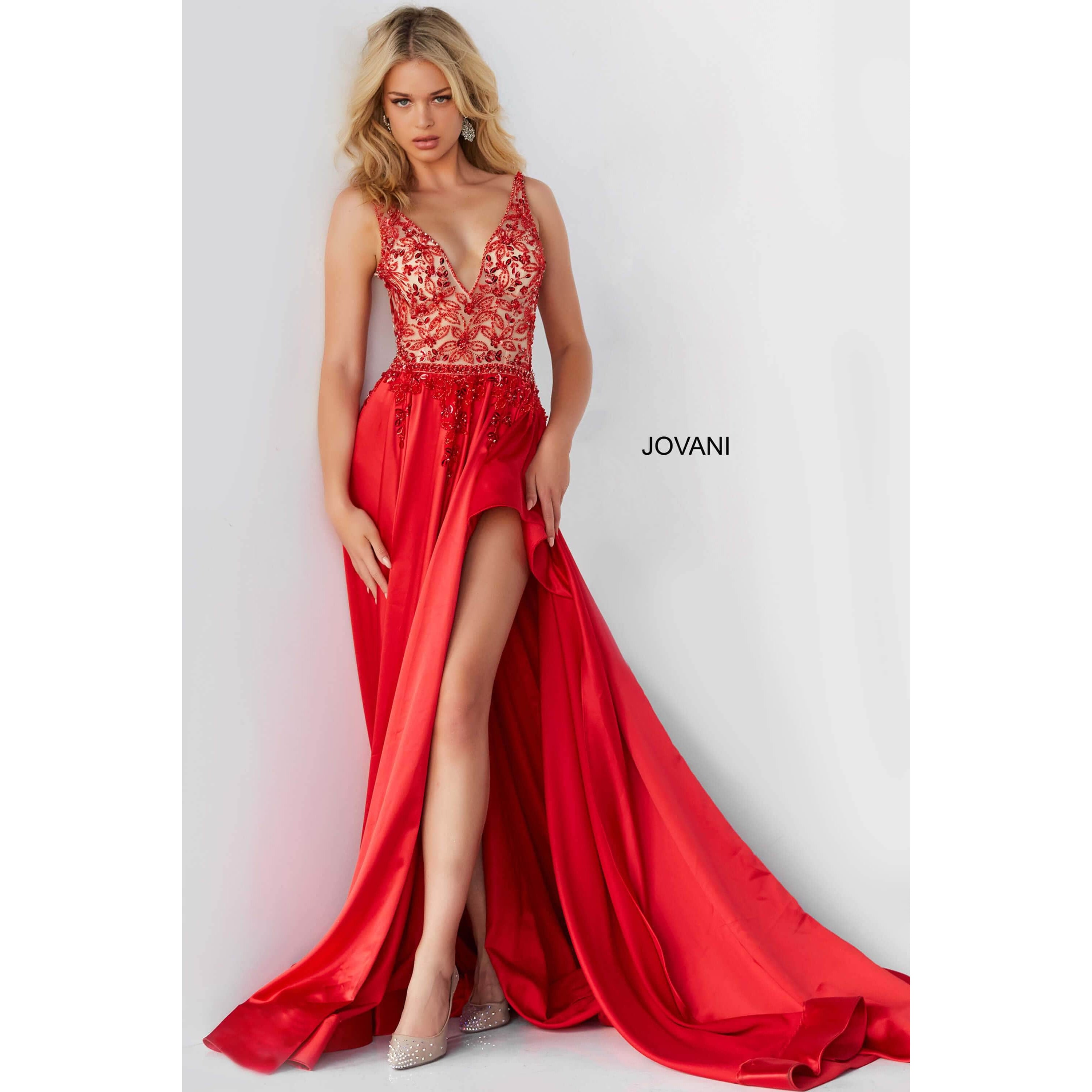 Jovani Prom Dress Jovani Red Embellished Bodice Satin Prom Gown 07415