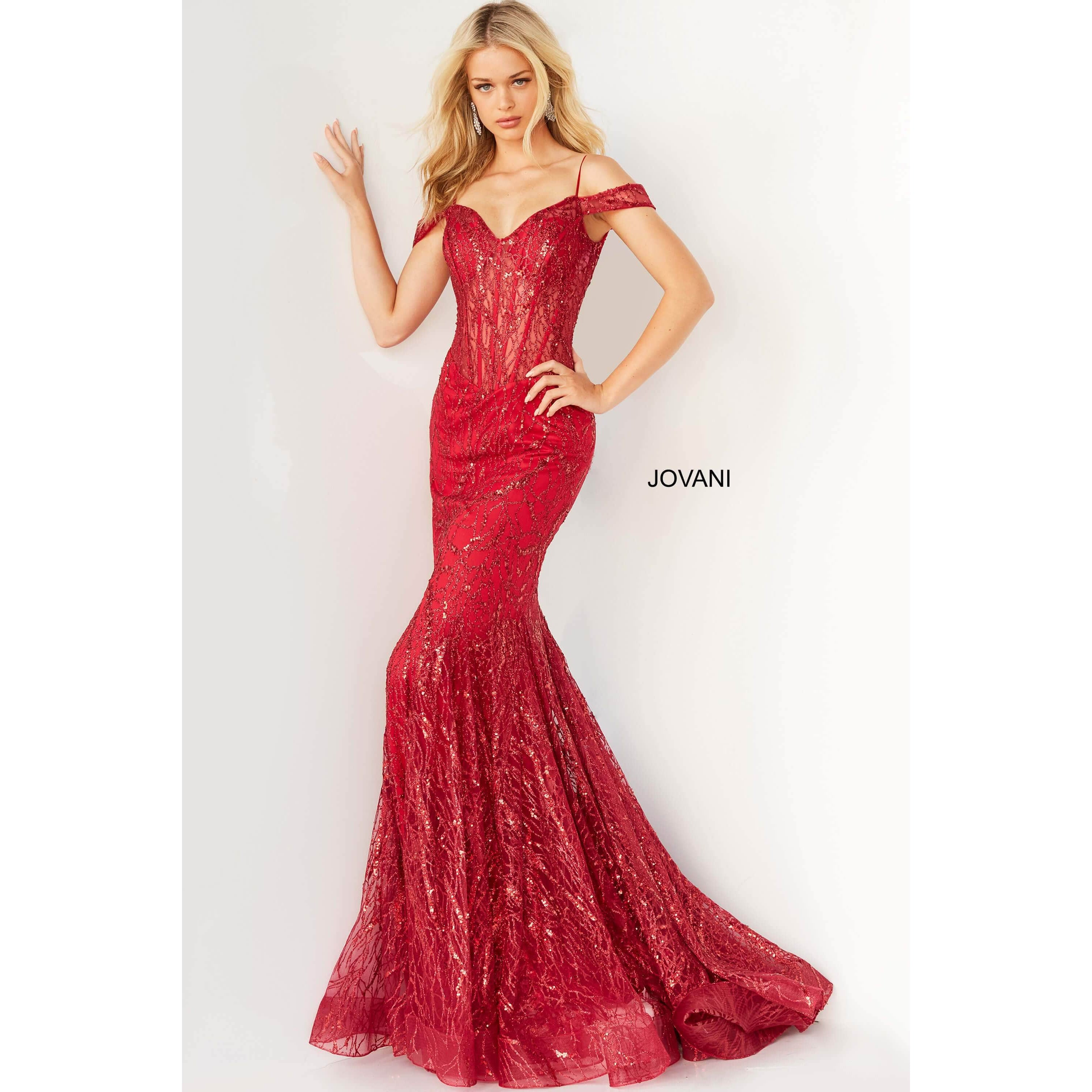 Jovani Prom Dress Jovani Red Embellished Off the Shoulder Prom Dress 05838