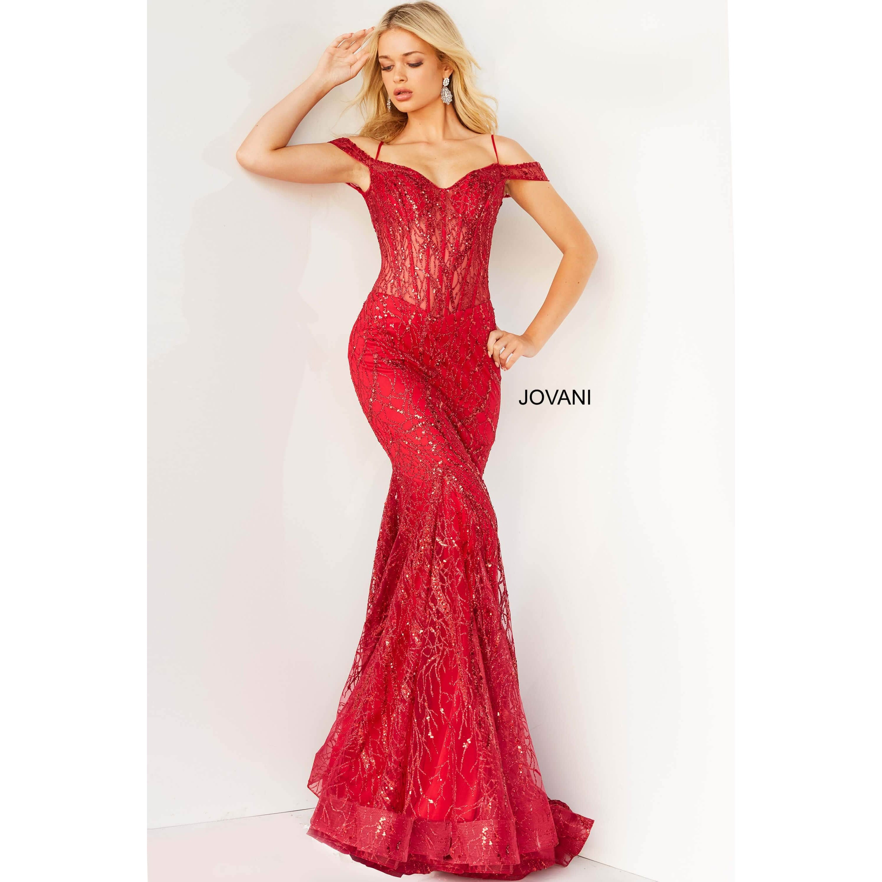 Jovani Prom Dress Jovani Red Embellished Off the Shoulder Prom Dress 05838