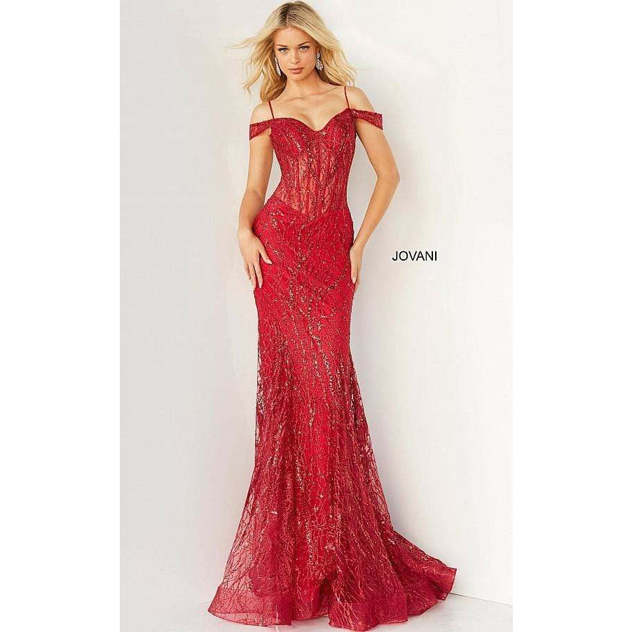 Jovani Prom Dress Jovani Red Embellished Off the Shoulder Prom Dress 05838