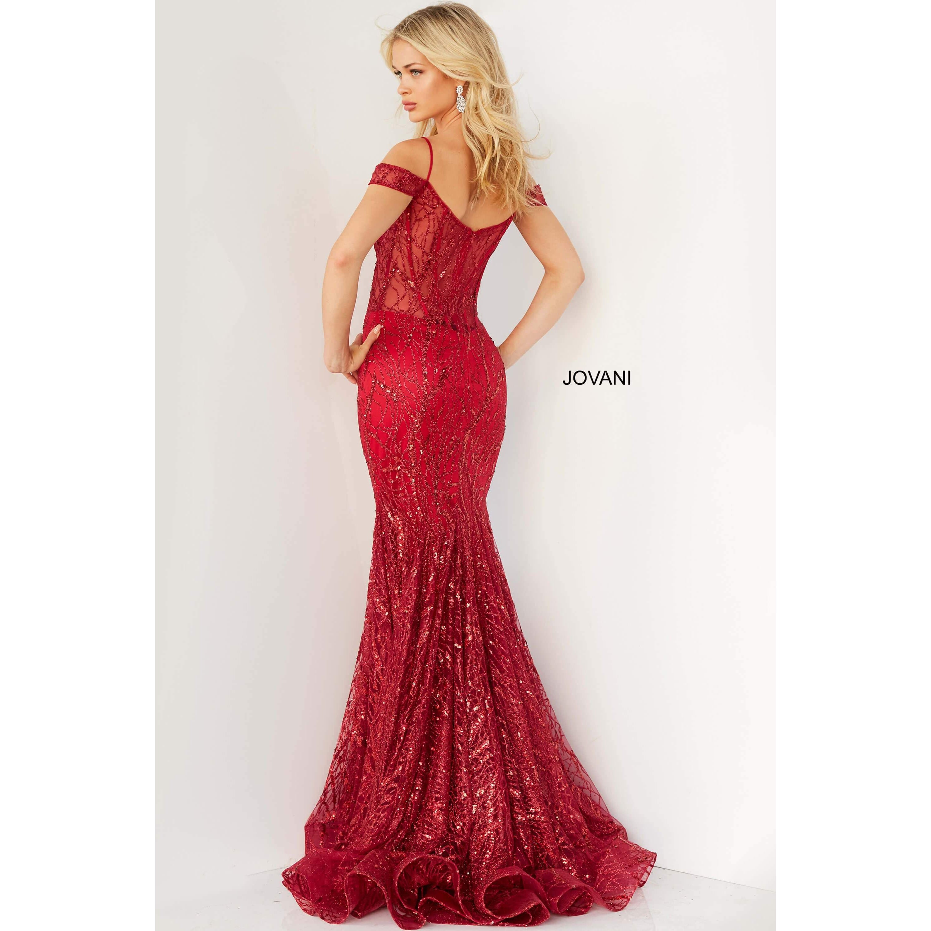 Jovani Prom Dress Jovani Red Embellished Off the Shoulder Prom Dress 05838