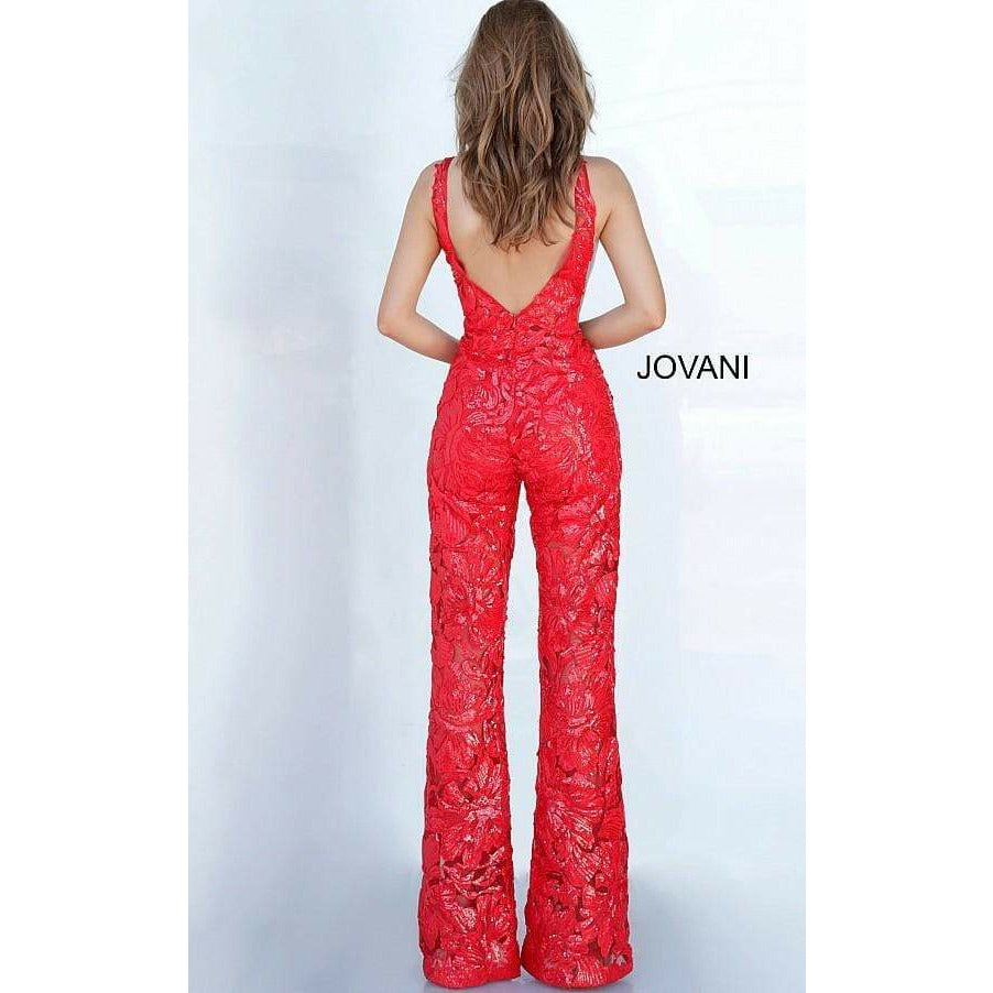Jovani Prom Dress Jovani Red Embellished V Neck Jumpsuit 00474