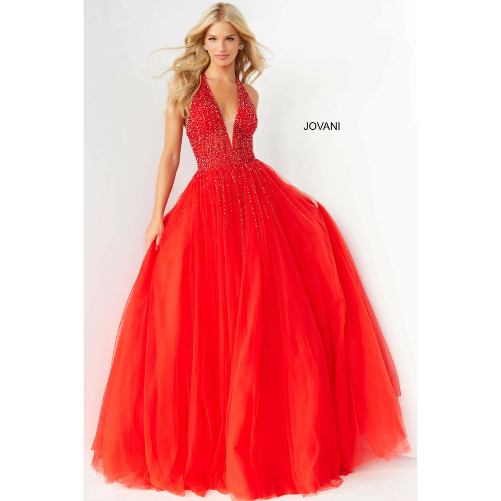 Jovani Prom Dress Jovani Red Halter Neckline Tulle Prom Ballgown 06598