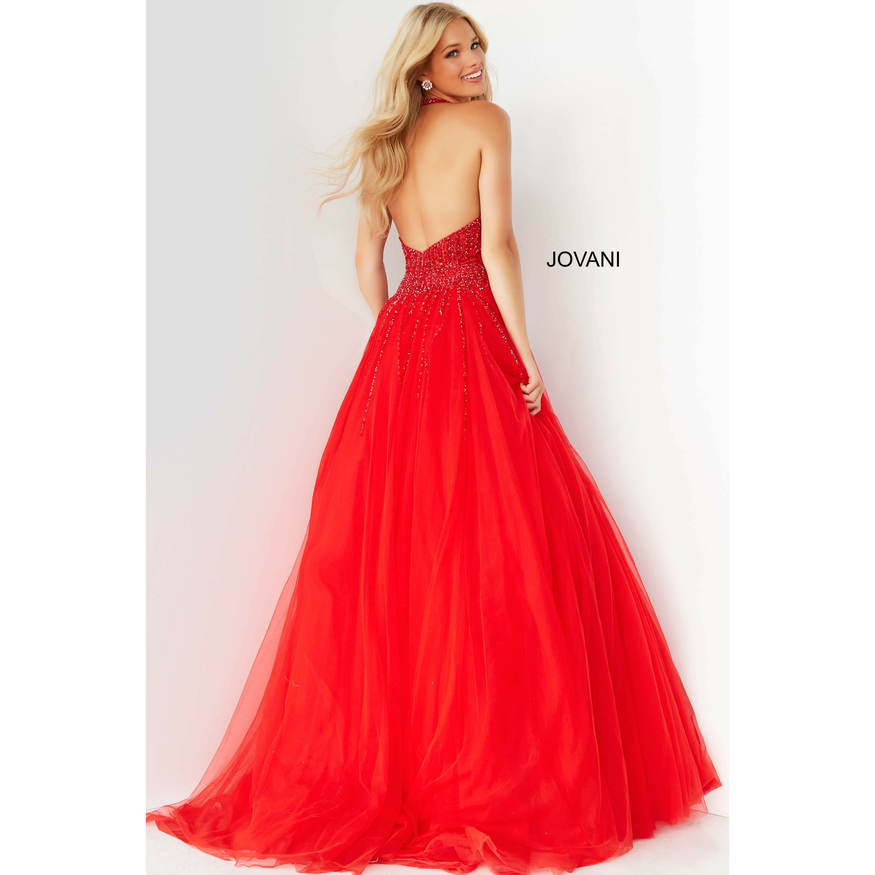 Jovani Prom Dress Jovani Red Halter Neckline Tulle Prom Ballgown 06598