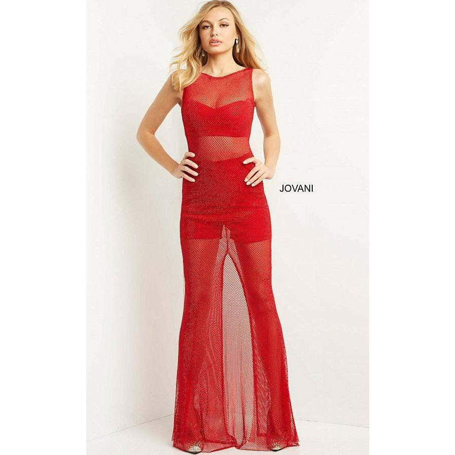 Jovani Prom Dress Jovani Red Illusion Sleeveless Sexy Prom Dress 08551