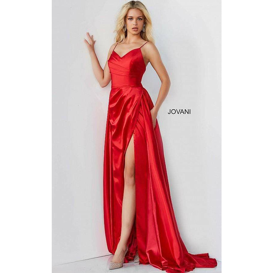 Jovani Prom Dress Jovani Red Pleated V Neck Prom Gown 07800