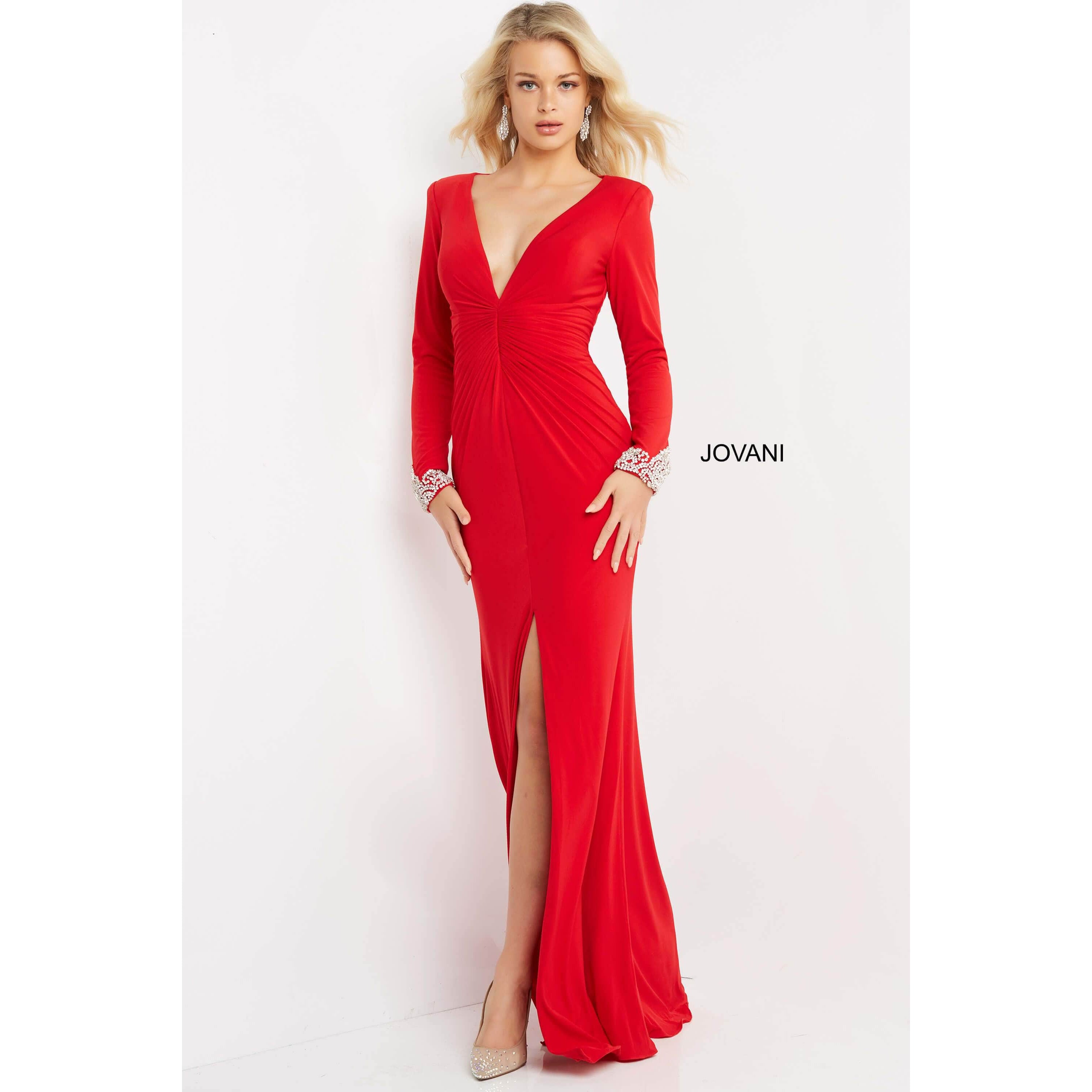 Jovani Prom Dress Jovani Red Plunging Neck Long Sleeve Prom Dress 07320