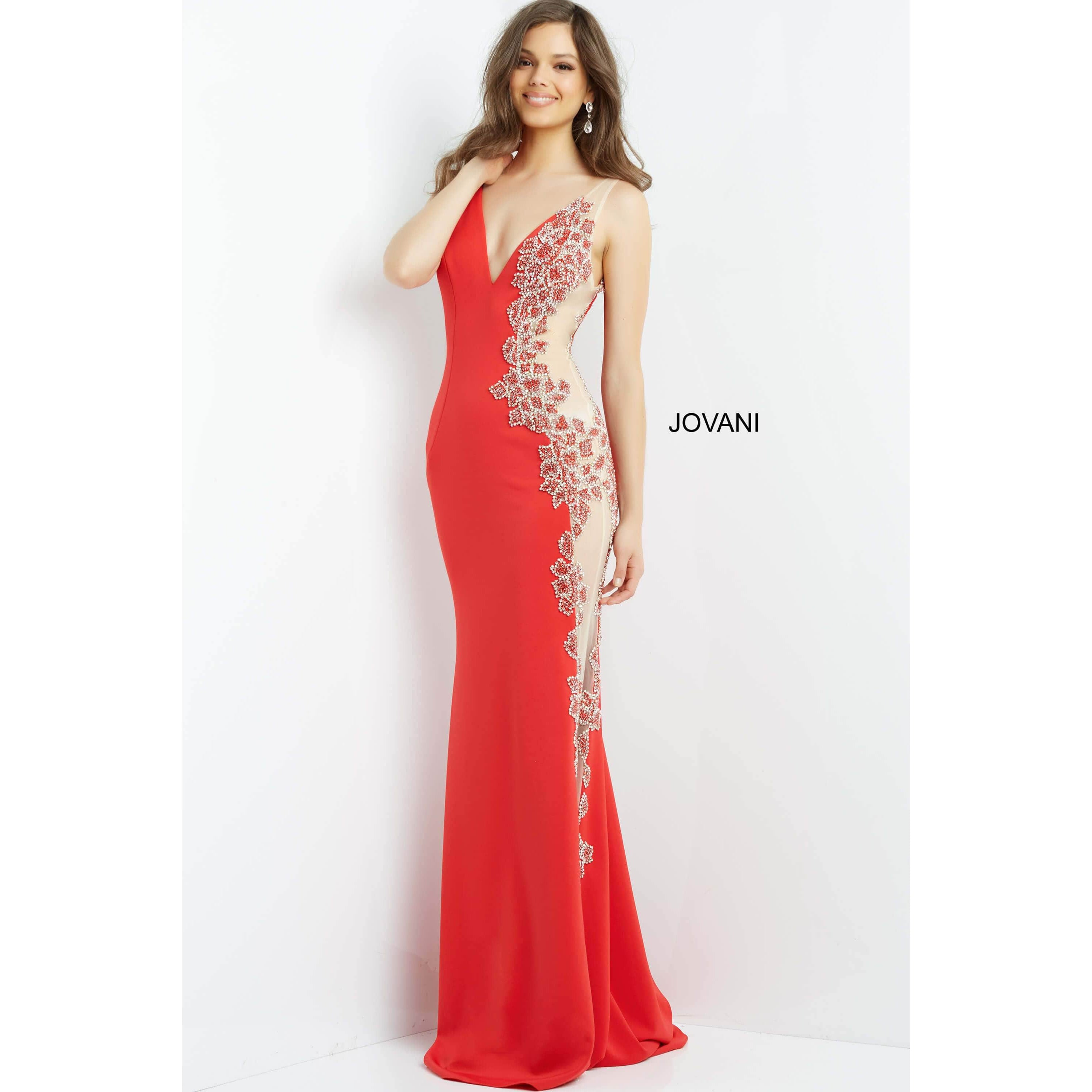 Jovani Prom Dress Jovani Red Sheer Side Embellished Prom Dress 07275