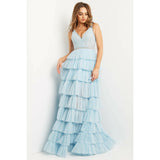 Jovani Prom Dress Jovani Sky Blue Embellished Belt Layered Prom Ballgown 07998