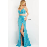 Jovani Prom Dress Jovani Turquoise Floral Applique Two Piece Prom Dress 08471