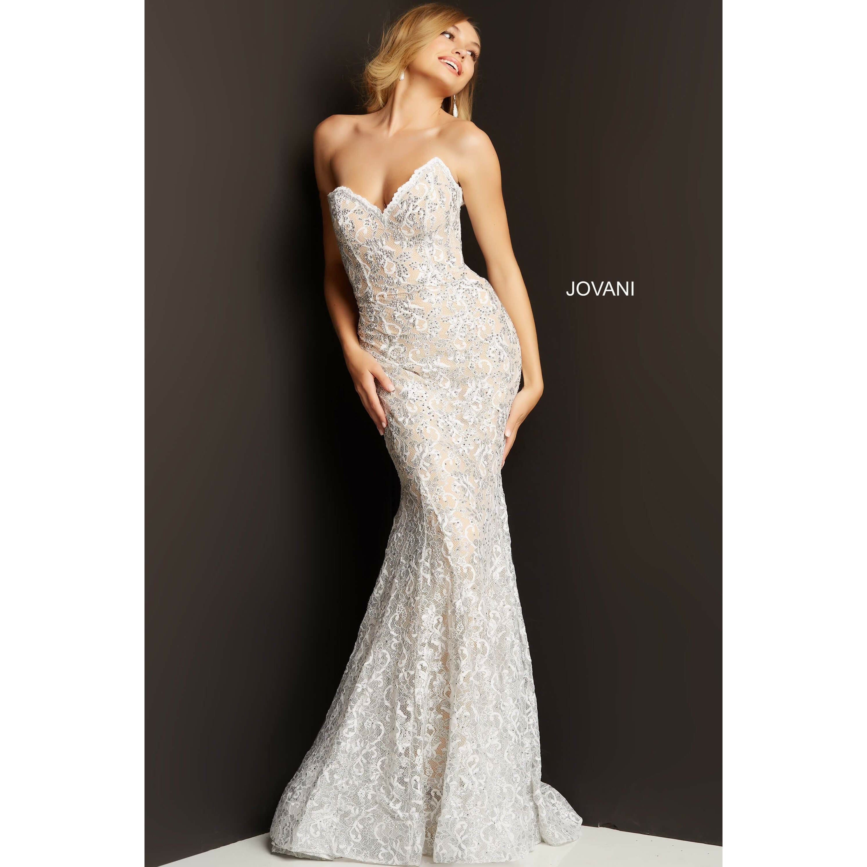 Jovani Prom Dress Jovani White Silver Embellished Lace Prom Dress 08215