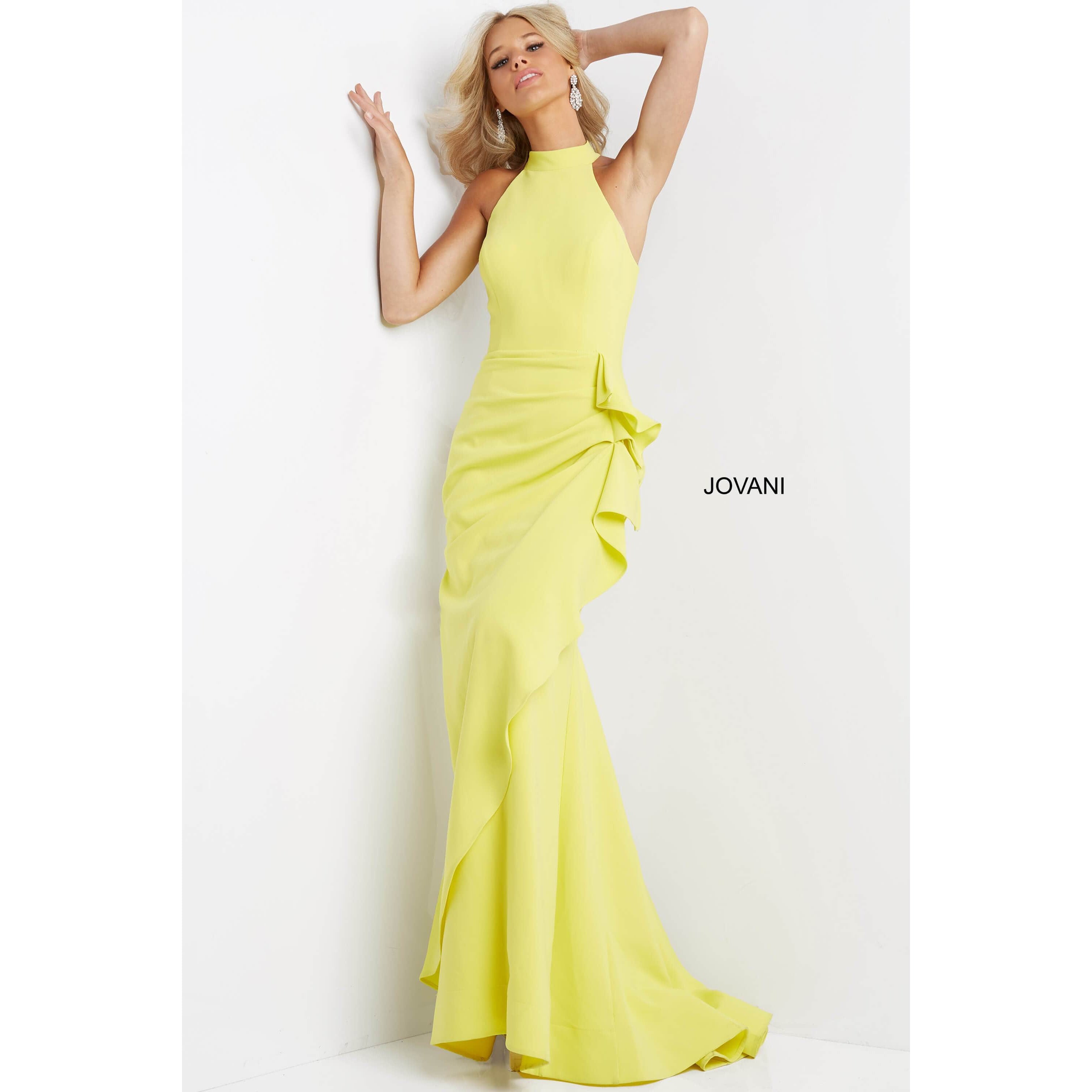 Jovani Prom Dress Jovani Yellow High Neckline Sheath Prom Dress 07301