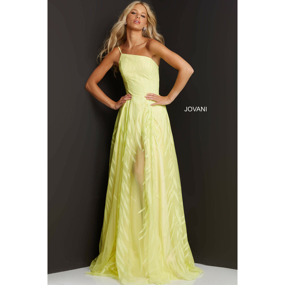 Jovani Prom Dress Jovani Yellow High Slit One Shoulder Prom Gown 07251