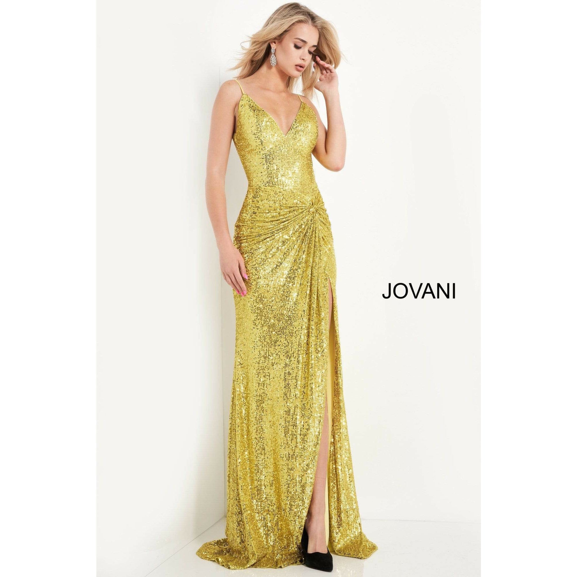 Jovani Prom Dress Jovani Yellow V Neck Sequin Prom Dress 06271