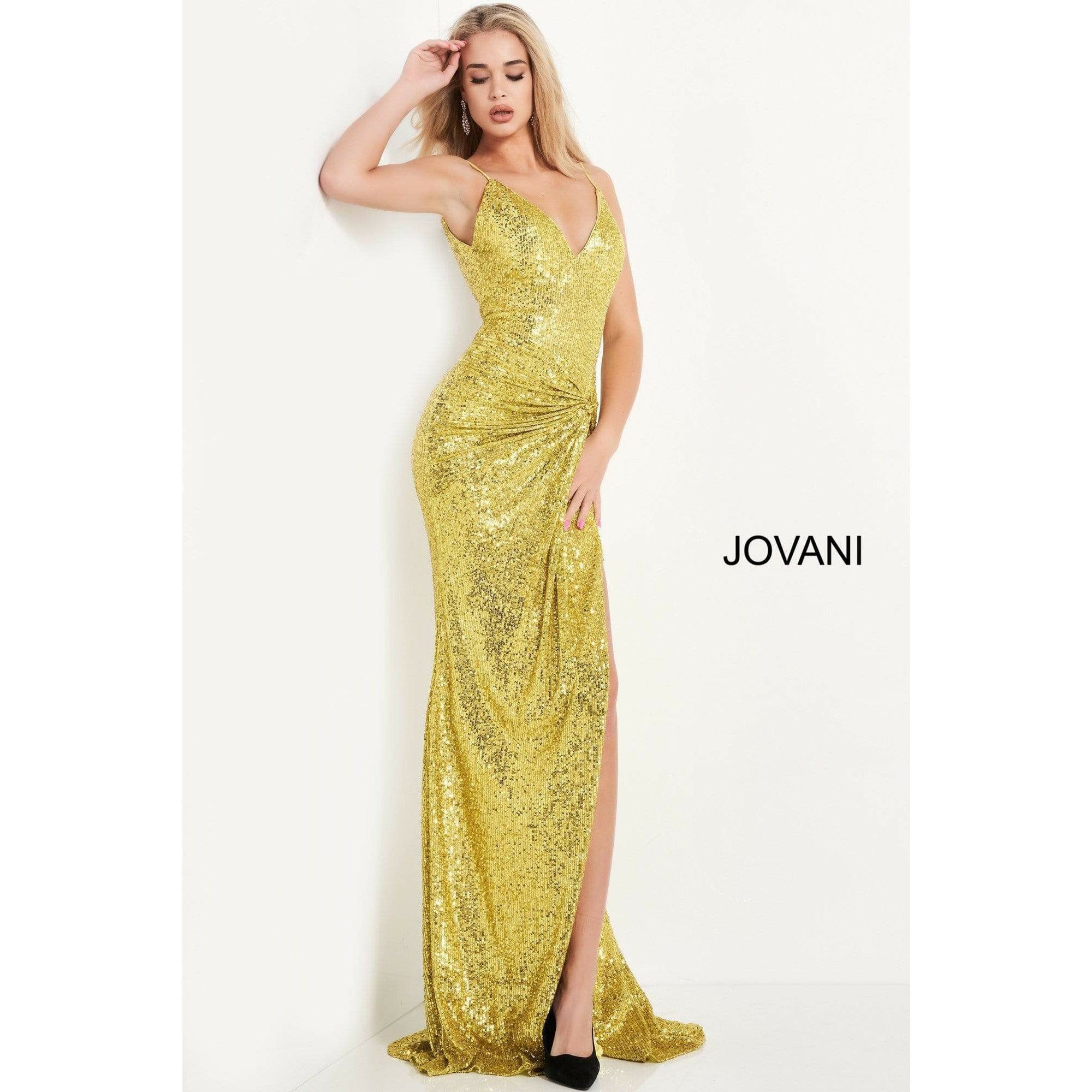 Jovani Prom Dress Jovani Yellow V Neck Sequin Prom Dress 06271