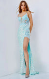 Jovani Prom Dress JVN24299 Aqua Illusion Bodice Plunging Neck Prom Dress