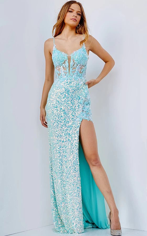 Jovani Prom Dress JVN24299 Aqua Illusion Bodice Plunging Neck Prom Dress