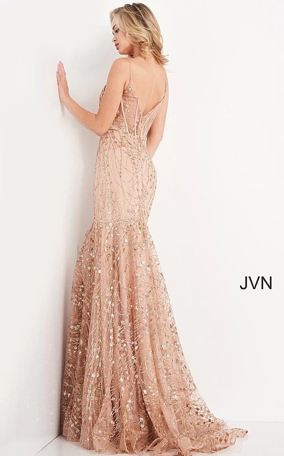 JVN05788 Champagne Sheer Corset Bodice Prom Dress