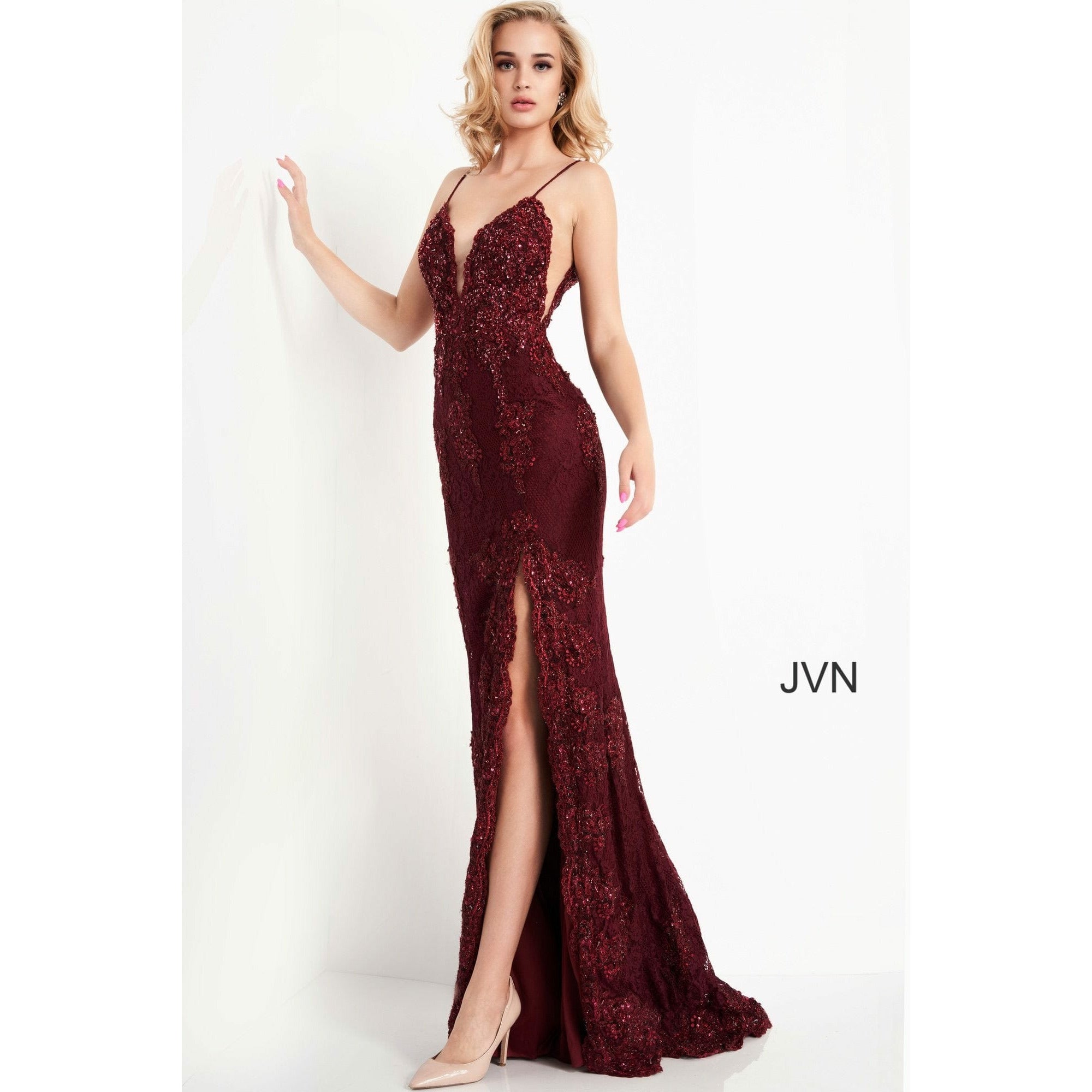 JVN by Jovani Evening Dresses JVN00864 Blue Plunging Neckline High Slit Dress