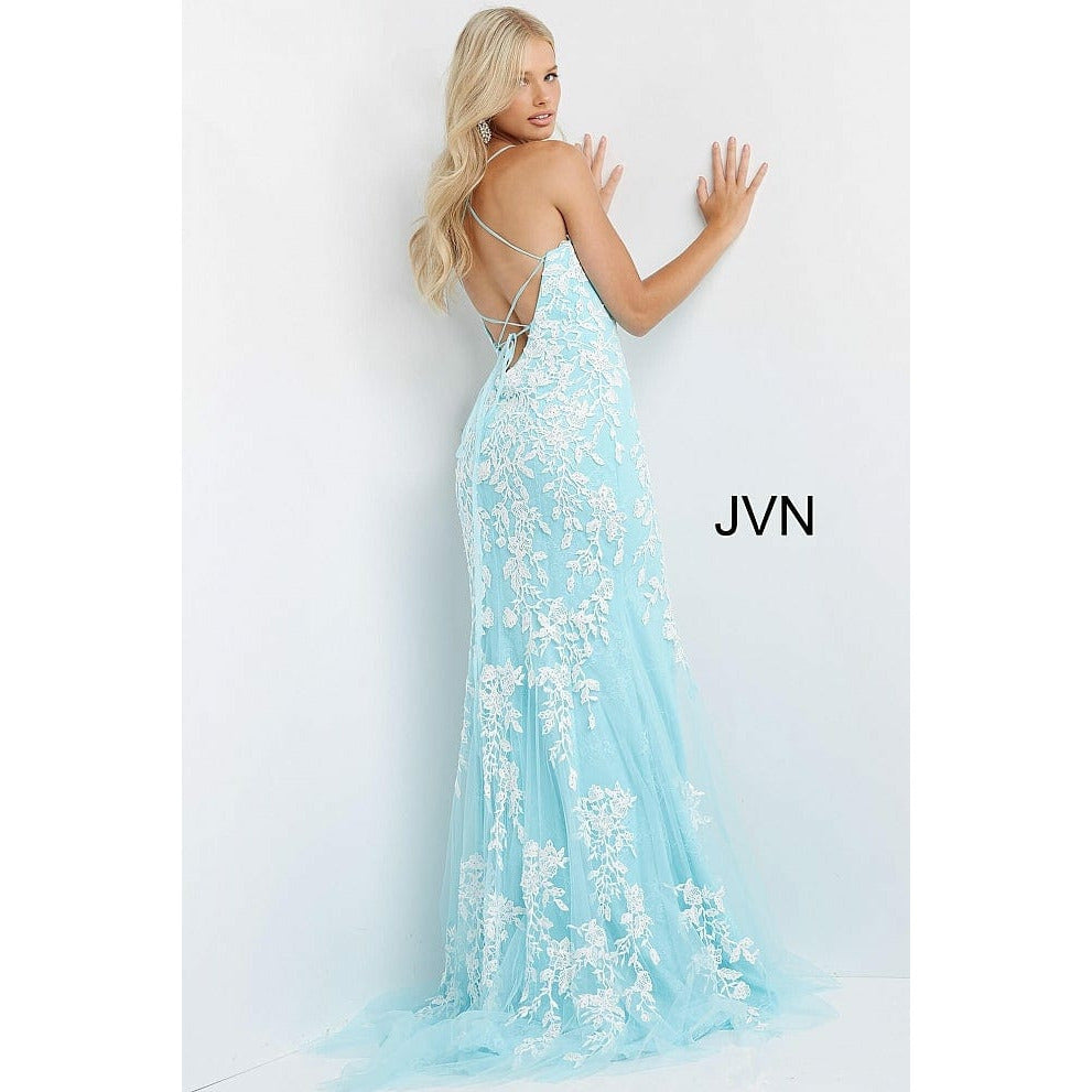 JVN by Jovani Evening Dresses JVN06660 Blue White High Slit Embroidered Prom Dress