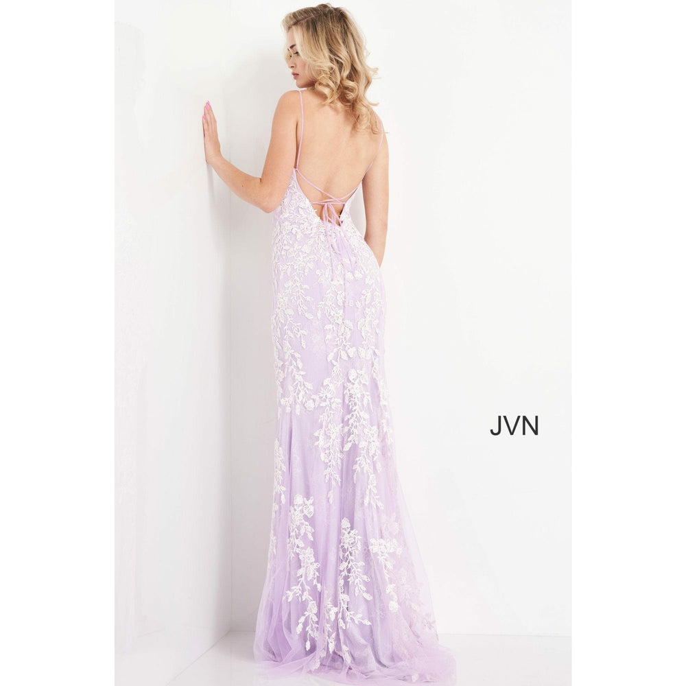 JVN by Jovani Evening Dresses JVN06660 Blue White High Slit Embroidered Prom Dress