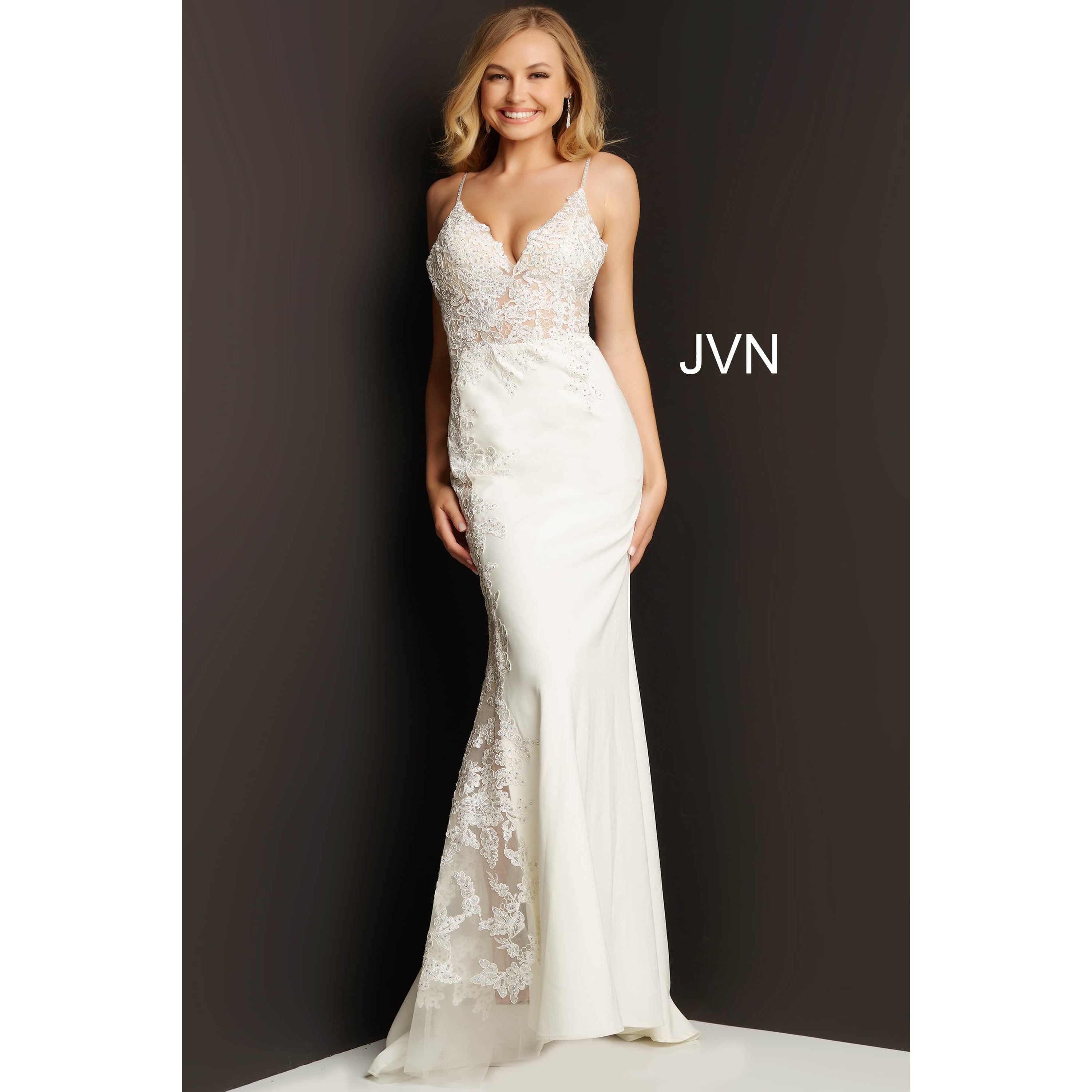 JVN by Jovani Evening Dresses JVN07386 Off White Fitted V Neck Long Prom Dress