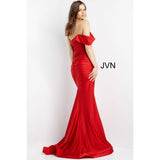 JVN by Jovani Evening Dresses JVN07640 Red Ruched Off the Shoulder Prom Dress